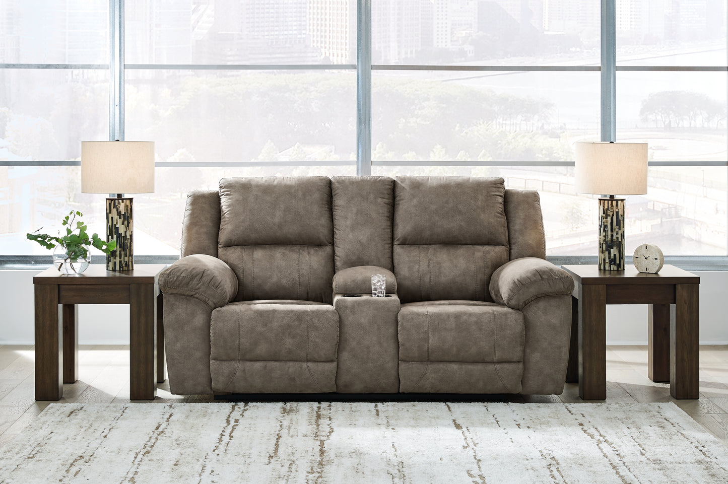 The Furniture Outlets - Ashley Furniture - Laresview Living Room - DBL Rec Loveseat w/Console / Fossil - 3720394
