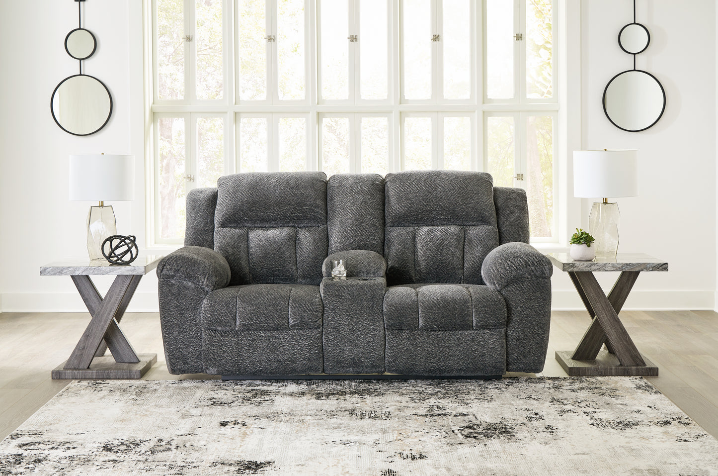 The Furniture Outlets - Ashley Furniture - Frohn Living Room - DBL Rec Loveseat w/Console / Graphite - 3740694