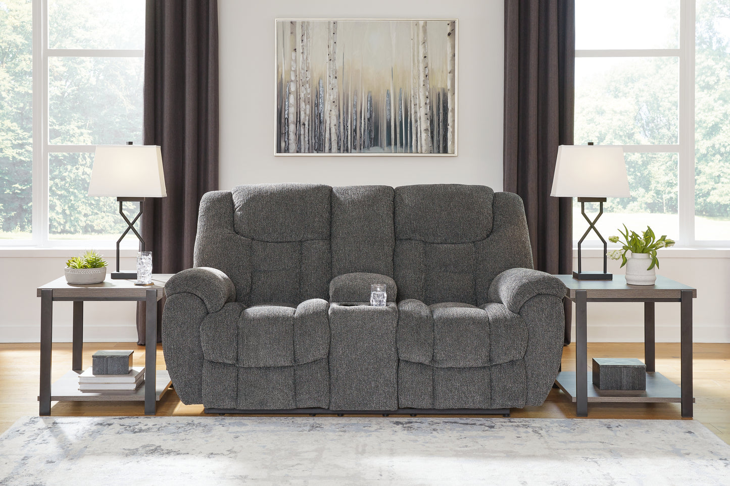 The Furniture Outlets - Ashley Furniture - Foreside Living Room - DBL Rec Loveseat w/Console / Charcoal - 3810494