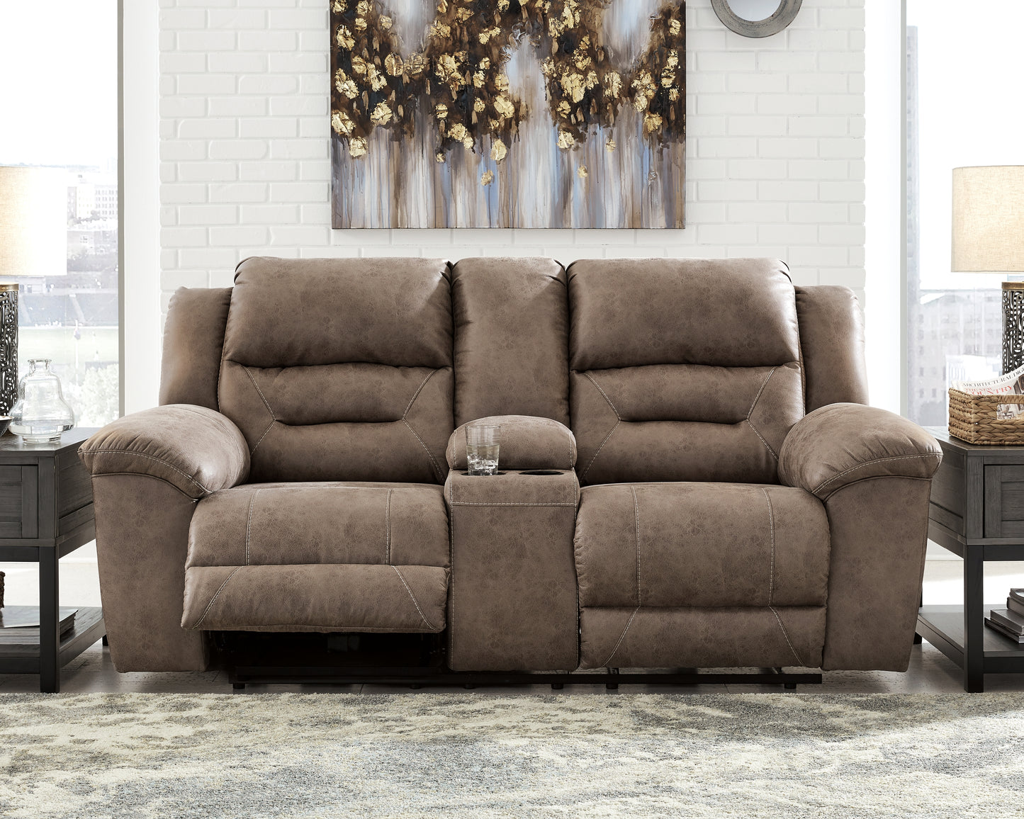 The Furniture Outlets - Ashley Furniture - Stoneland Living Room - DBL REC PWR Loveseat w/Console / Fossil - 3990596