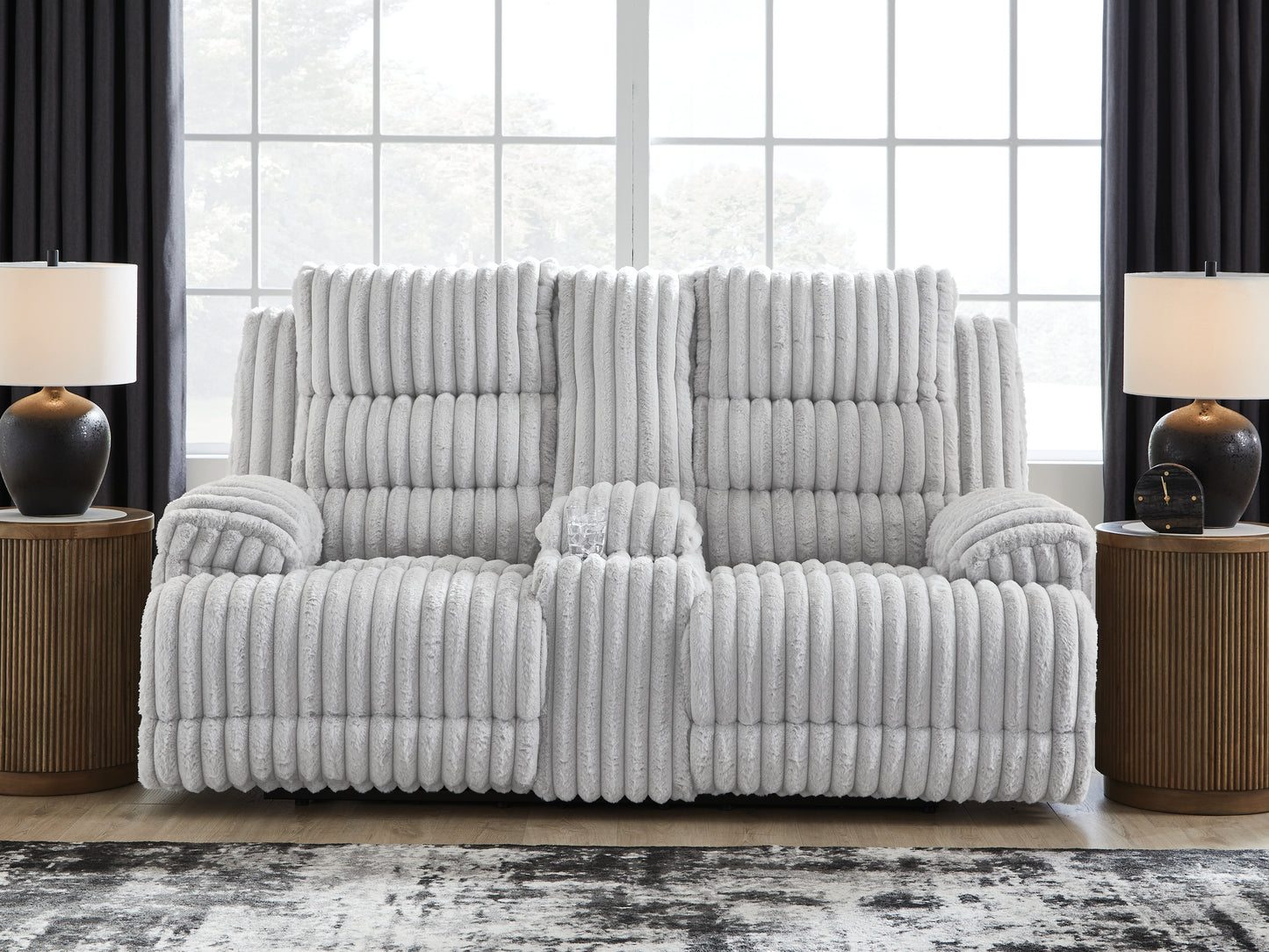 The Furniture Outlets - Ashley Furniture - Rhines Falls Living Room - DBL REC PWR Loveseat w/Console / Alloy - PC4280496