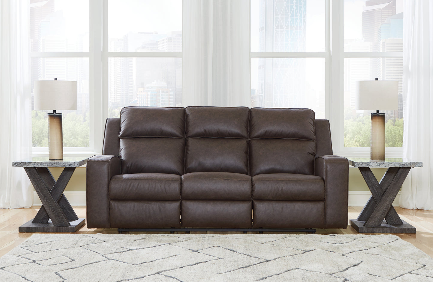 The Furniture Outlets - Ashley Furniture - Lavenhorne Living Room - REC Sofa w/Drop Down Table / Umber - 6330689