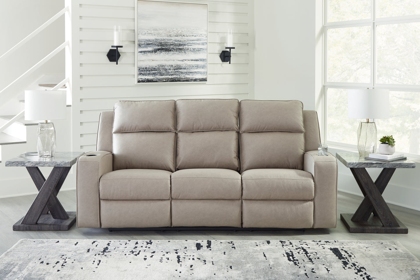 The Furniture Outlets - Ashley Furniture - Lavenhorne Living Room - REC Sofa w/Drop Down Table / Pebble - 6330789