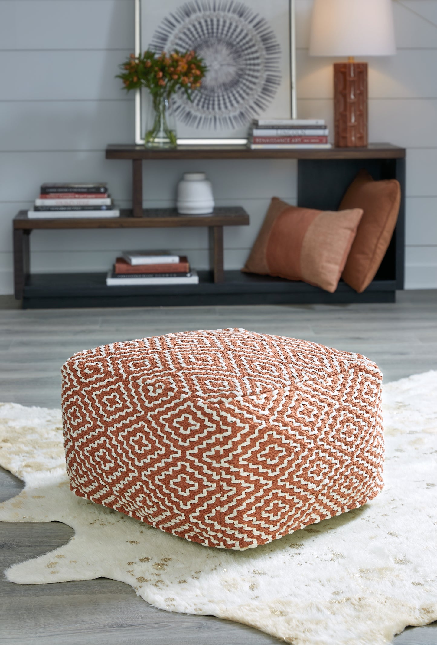 The Furniture Outlets - Ashley Furniture - Brynnsen Pouf - Pouf / Rust/Ivory - A1001056