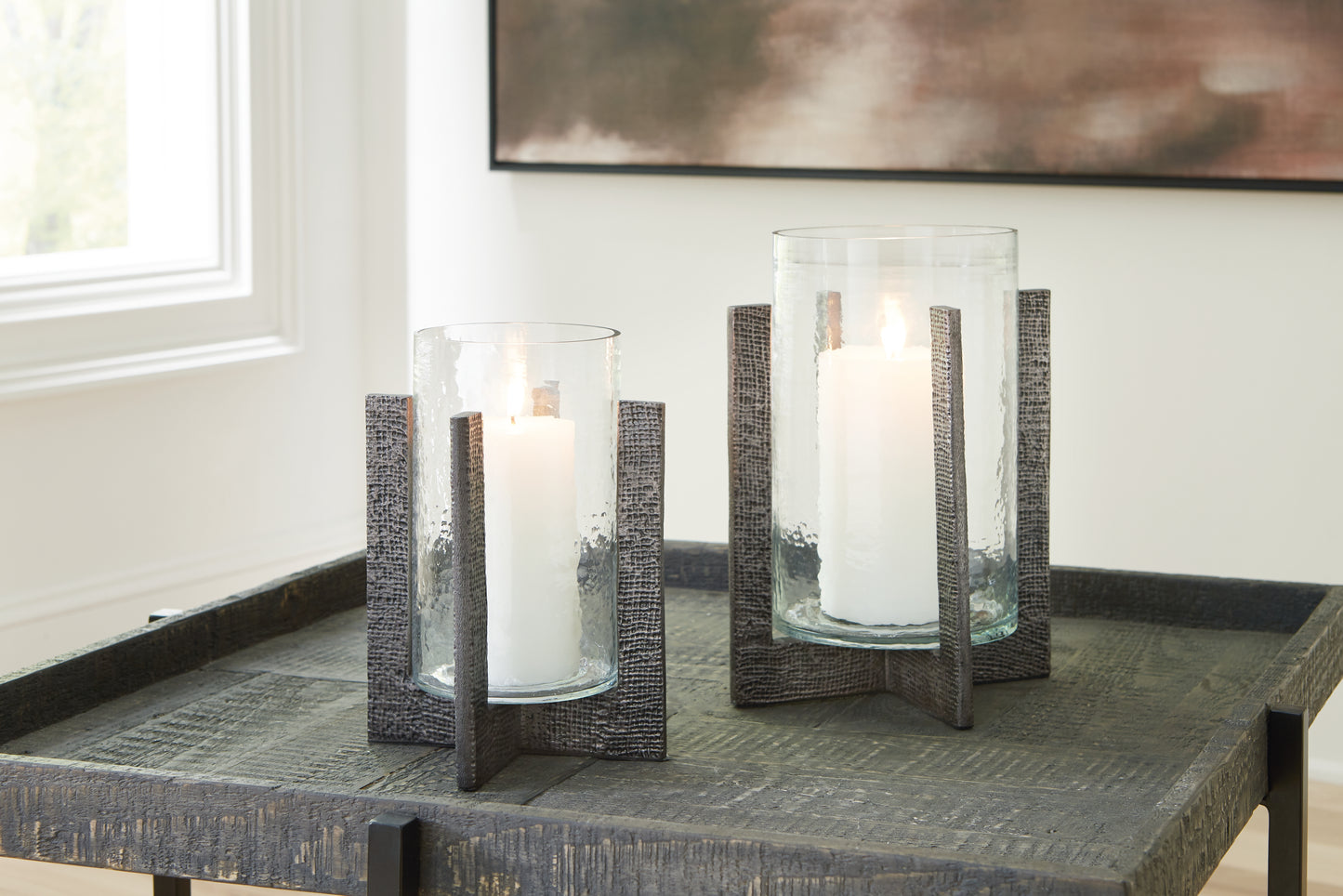 The Furniture Outlets - Ashley Furniture - Garekton Candle Holder - Candle Holder Set (Set of 2) / Clear/Pewter Finish - A2000591
