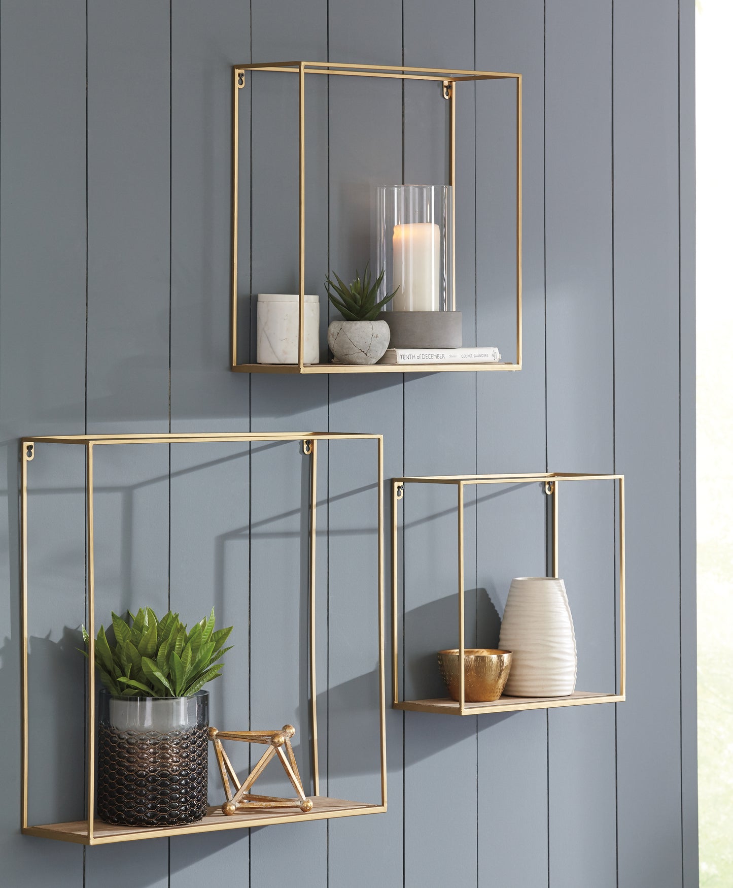 The Furniture Outlets - Ashley Furniture - Efharis Wall Decor - Wall Shelf Set (3/CN) / Natural/Gold Finish - A8010107