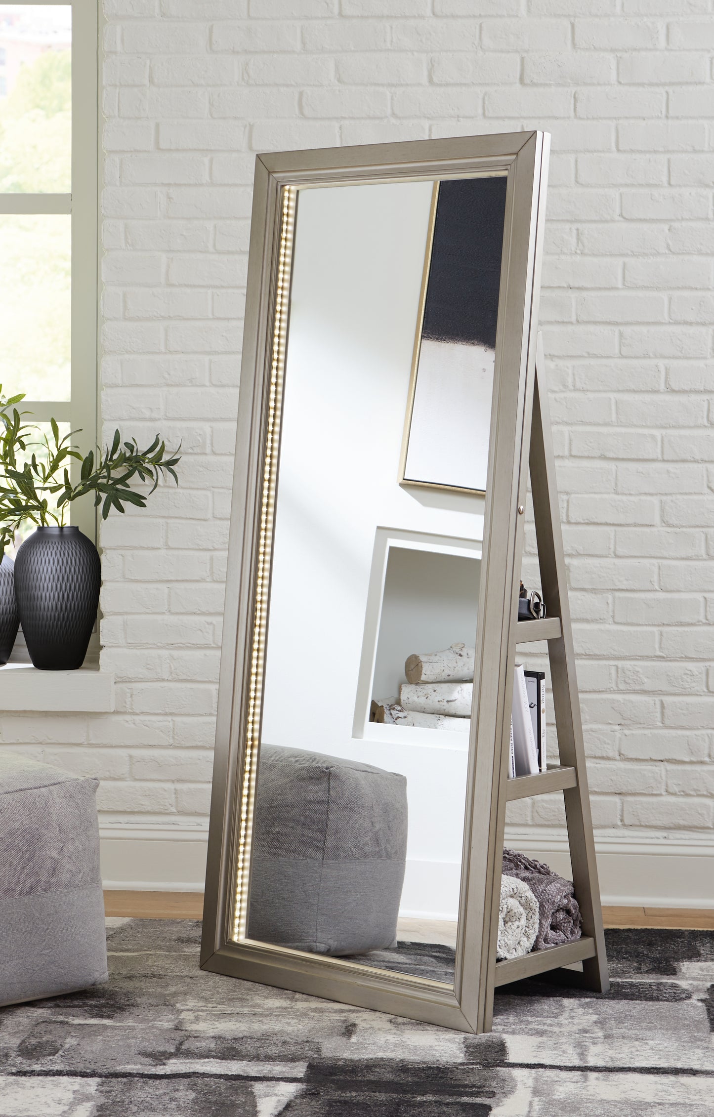 The Furniture Outlets - Ashley Furniture - Evesen Mirror - Floor Standing Mirror/Storage / White - A8010383