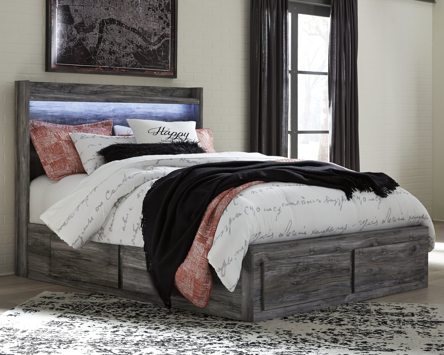 The Furniture Outlets - Ashley Furniture - Baystorm Bedroom - Queen Panel Bed with 4 Storage Drawers / Gray - B221B13
