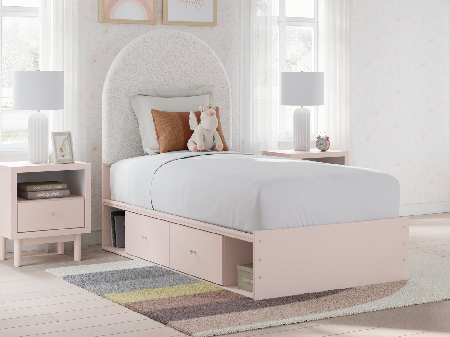 The Furniture Outlets - Ashley Furniture - Wistenpine Bedroom - Twin Upholstered Panel Bed with Storage / Blush - B1323B14