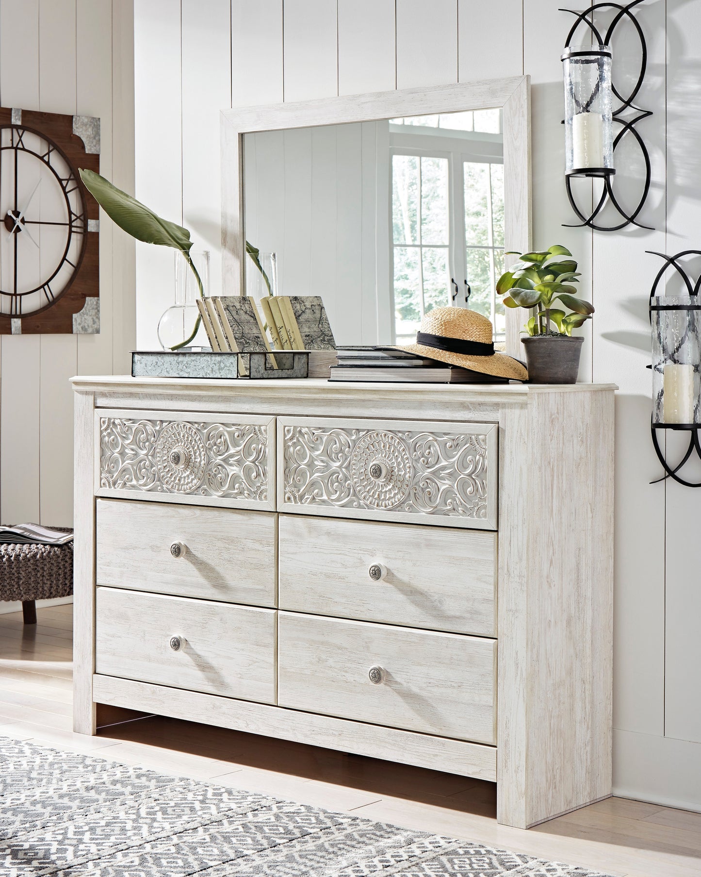 The Furniture Outlets - Ashley Furniture - Paxberry Bedroom - Dresser and Mirror / Whitewash - B181B8