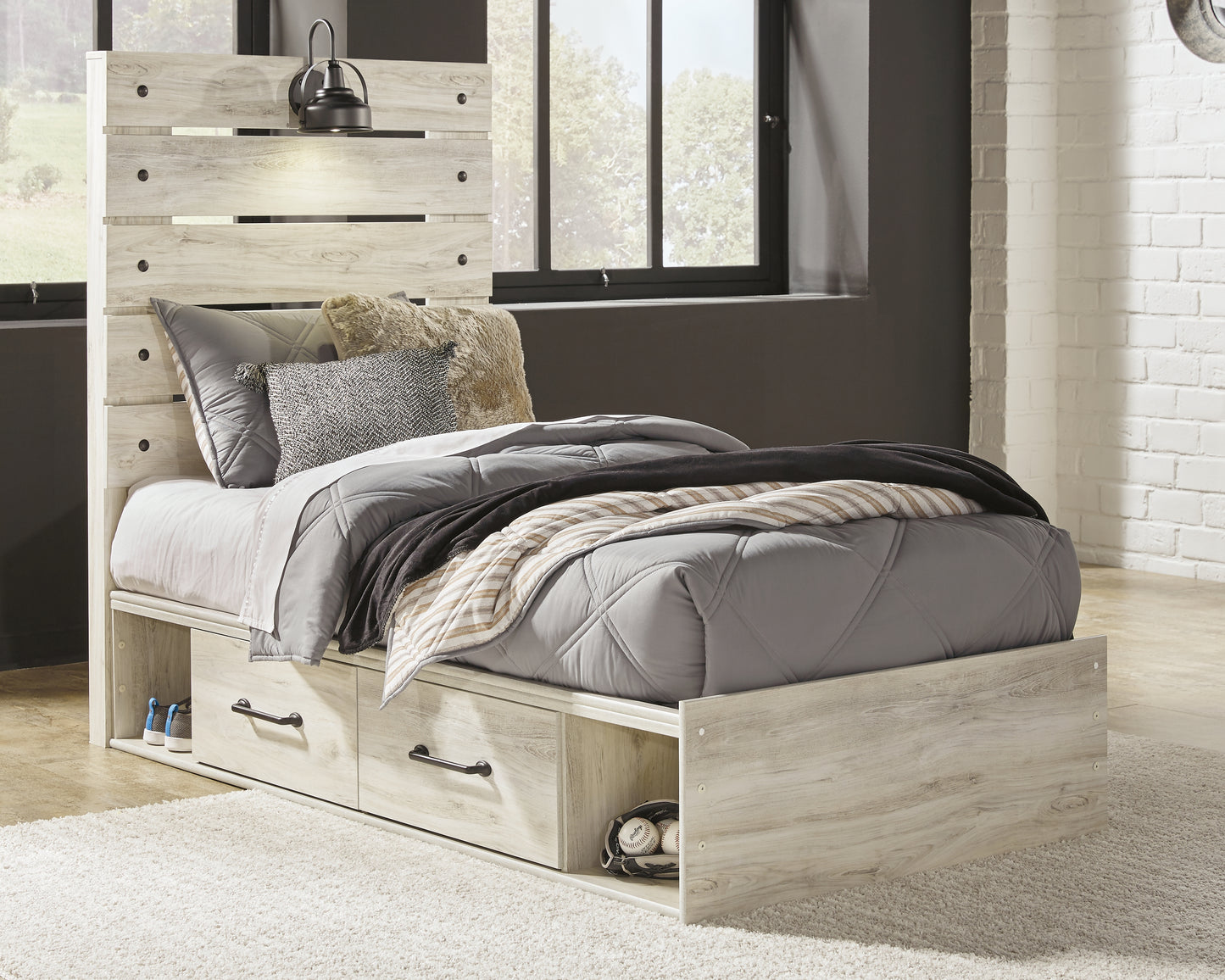 The Furniture Outlets - Ashley Furniture - Cambeck Bedroom - Twin Panel Bed with 2 Storage Drawers / Whitewash - B192B13
