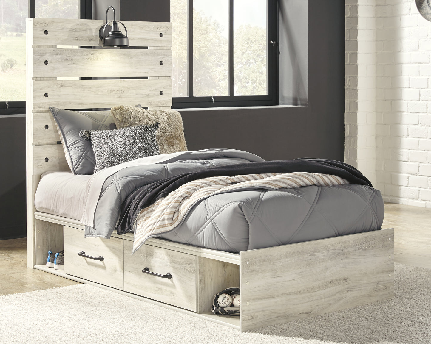 The Furniture Outlets - Ashley Furniture - Cambeck Bedroom - Twin Panel Bed with 4 Storage Drawers / Whitewash - B192B21