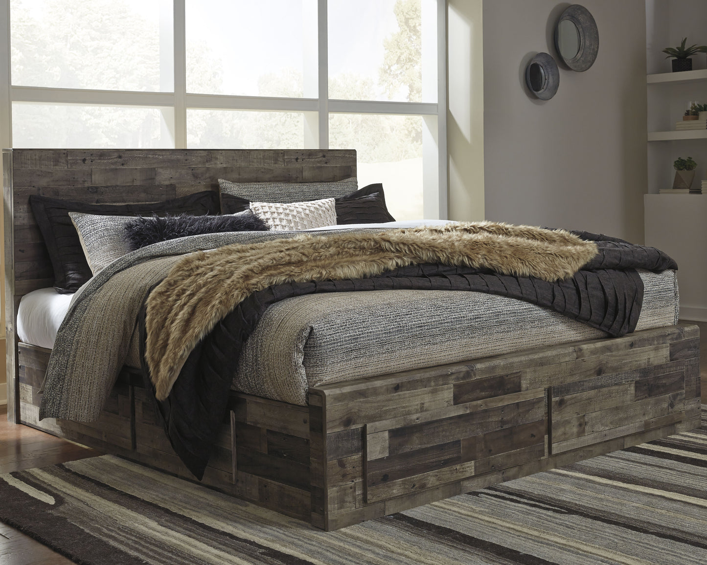 The Furniture Outlets - Ashley Furniture - Derekson Bedroom - King Panel Bed with 4 Storage Drawers / Multi Gray - B200B19