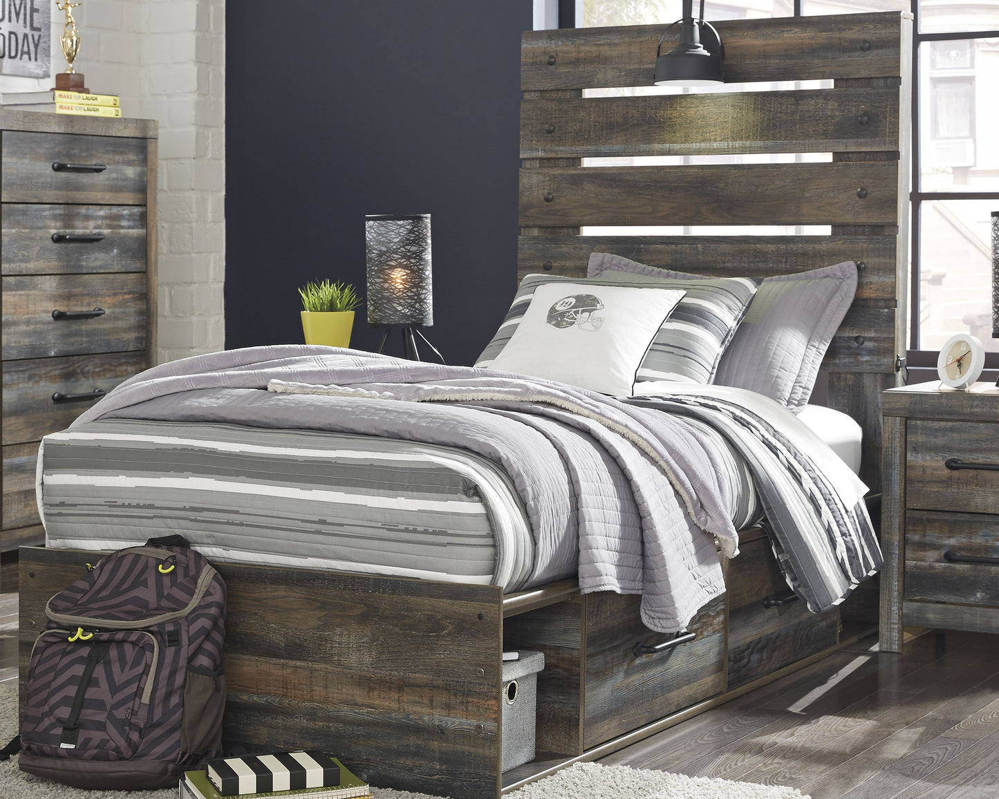 The Furniture Outlets - Ashley Furniture - Drystan Bedroom - Twin Panel Bed with 4 Storage Drawers / Multi - B211B11