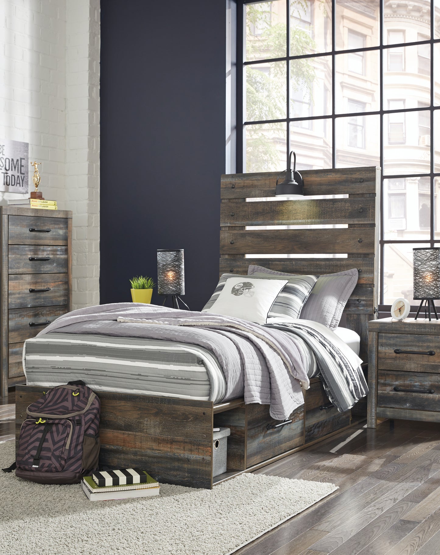 The Furniture Outlets - Ashley Furniture - Drystan Bedroom - Twin Panel Bed with 2 Storage Drawers / Multi - B211B8