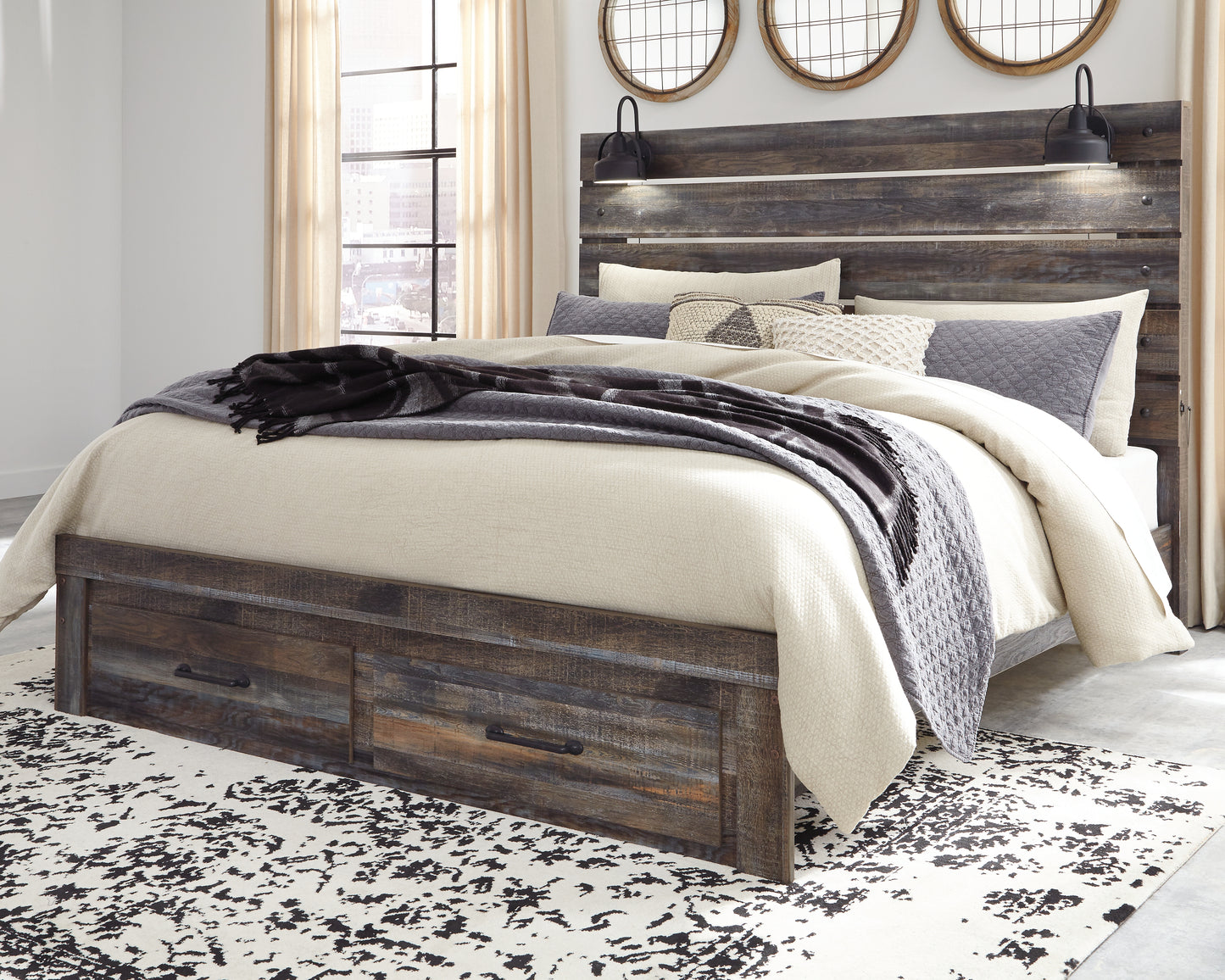 The Furniture Outlets - Ashley Furniture - Drystan Bedroom - King Panel Bed with 2 Storage Drawers / Multi - B211B55