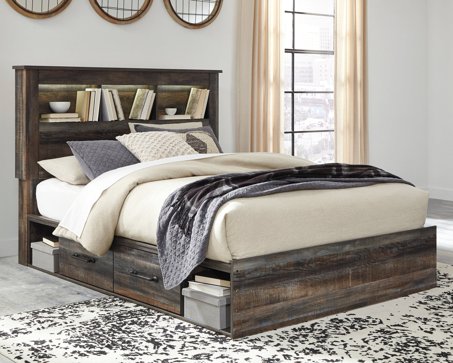 The Furniture Outlets - Ashley Furniture - Drystan Bedroom - Queen Bookcase Bed with 4 Storage Drawers / Multi - B211B18