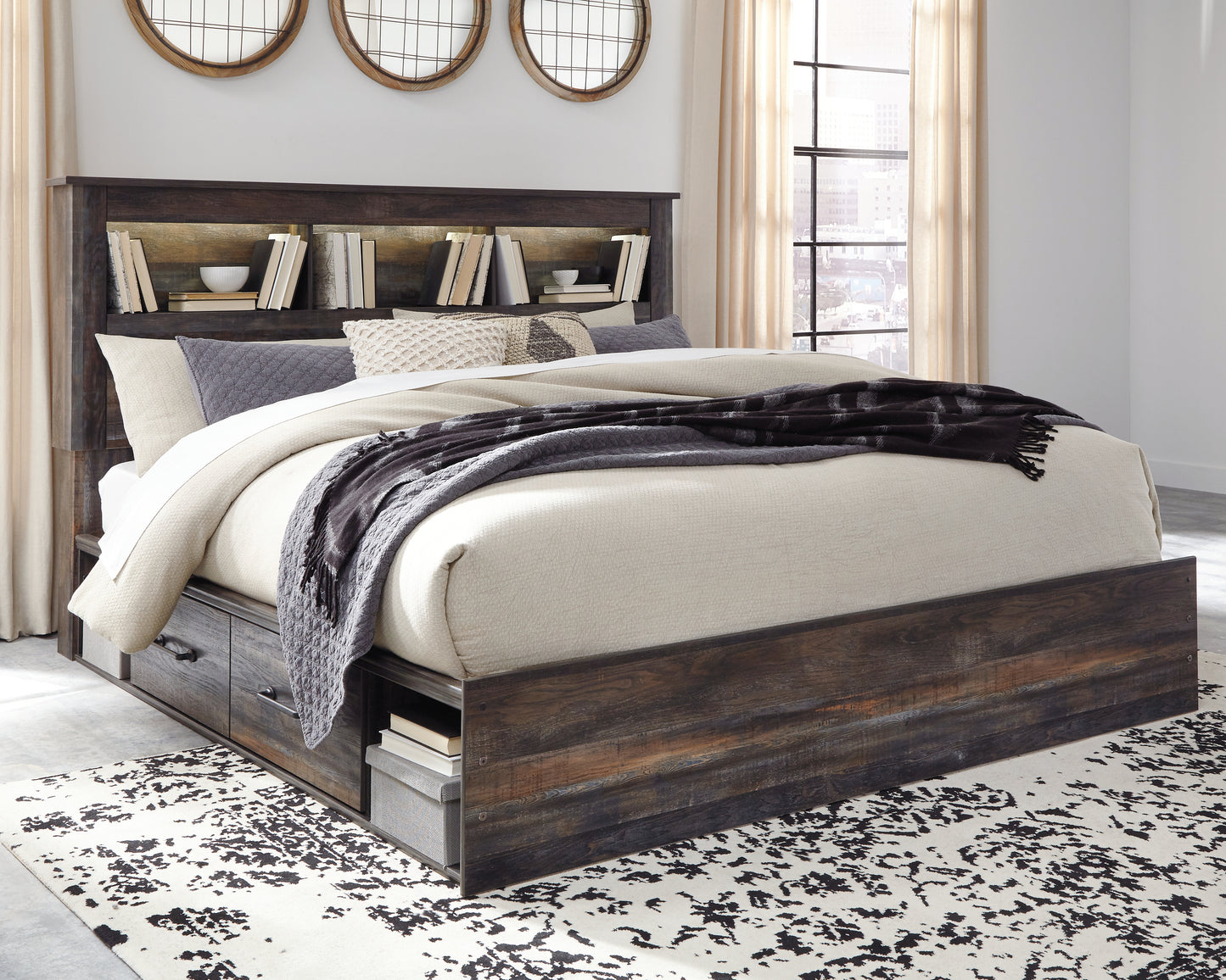 The Furniture Outlets - Ashley Furniture - Drystan Bedroom - King Bookcase Bed with 2 Storage Drawers / Multi - B211B51