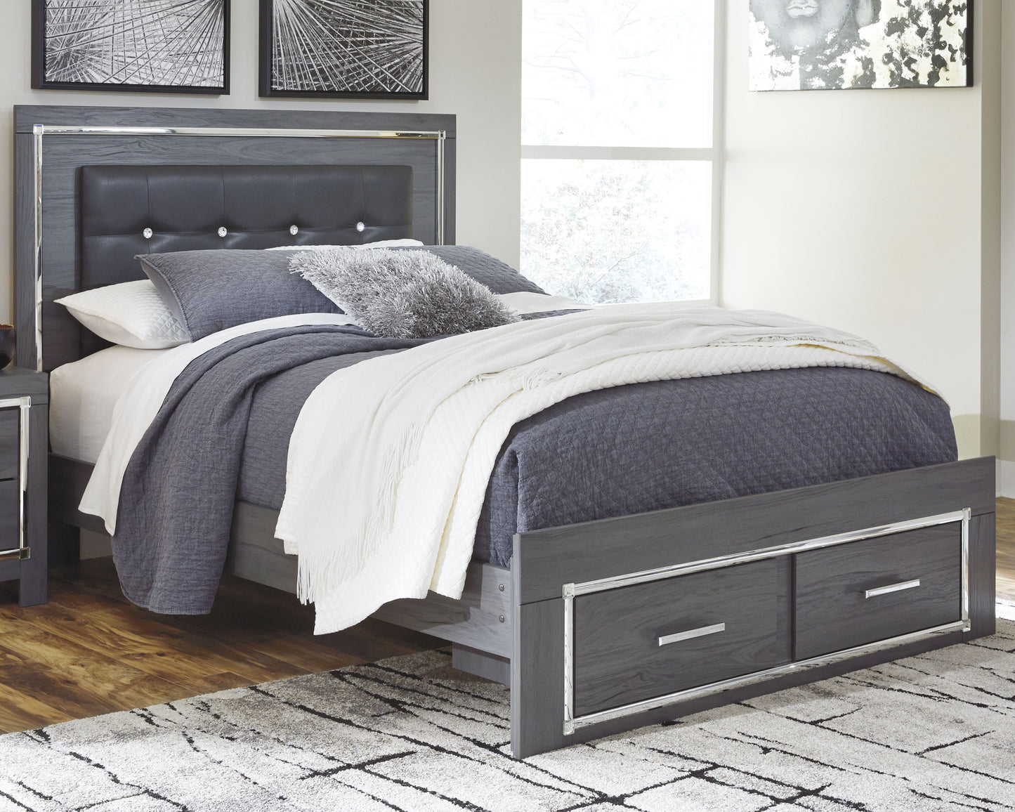 The Furniture Outlets - Ashley Furniture - Lodanna Bedroom - Queen Panel Bed with 2 Storage Drawers / Gray - B214B3