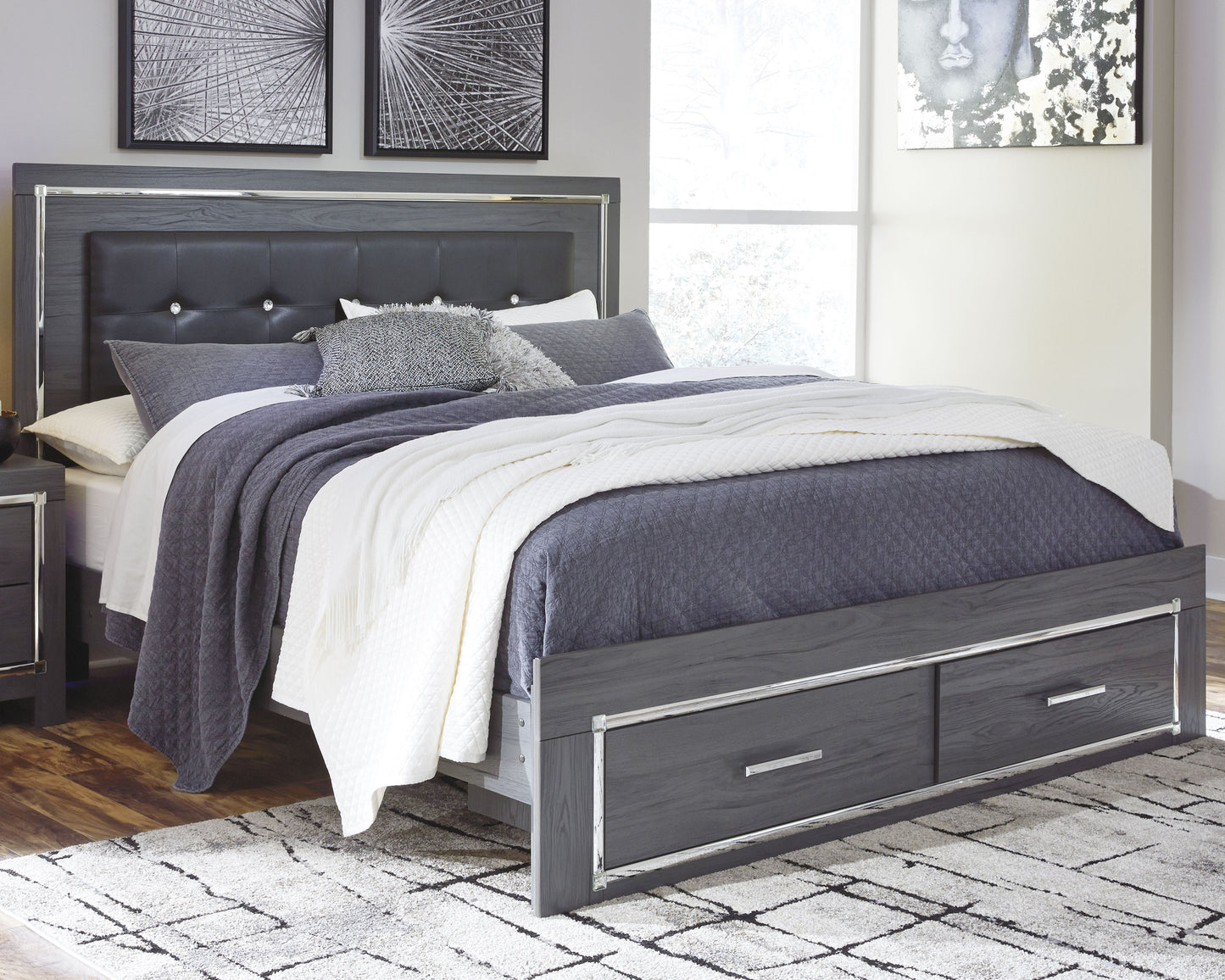 The Furniture Outlets - Ashley Furniture - Lodanna Bedroom - King Panel Bed with 2 Storage Drawers / Gray - B214B11