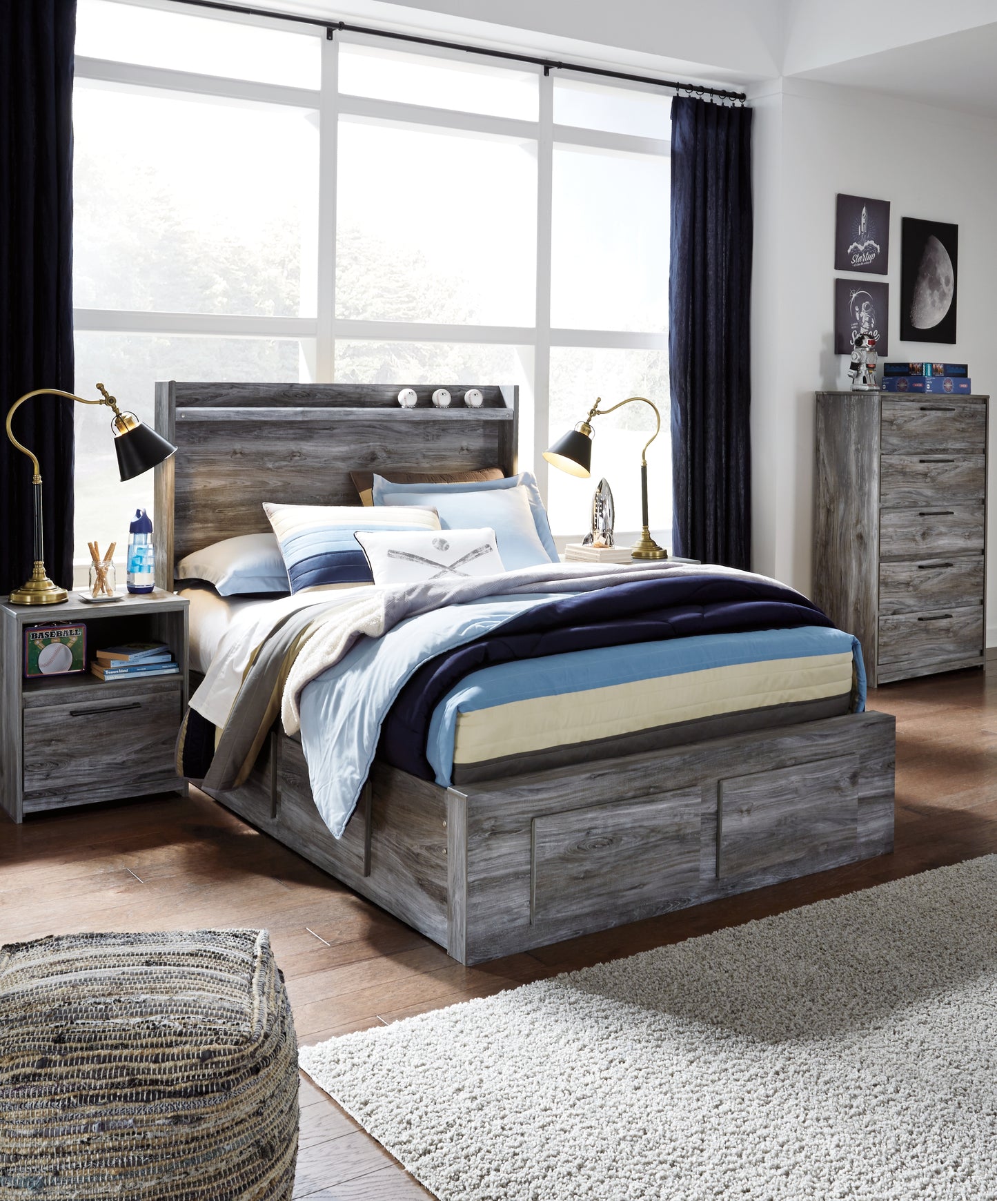 The Furniture Outlets - Ashley Furniture - Baystorm Bedroom - Full Panel Bed with 4 Storage Drawers / Gray - B221B25