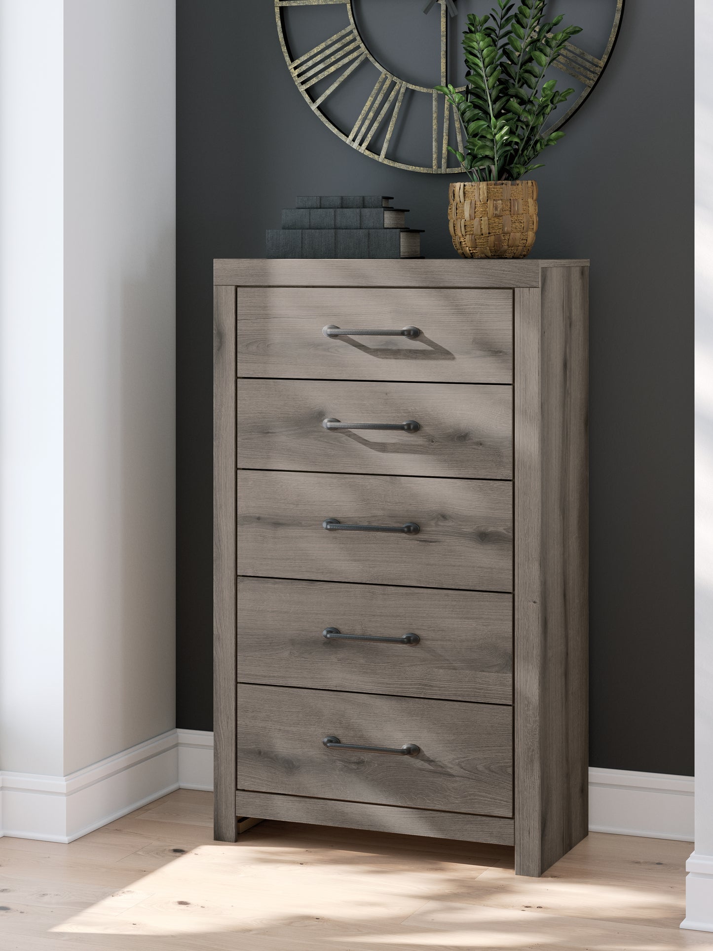 The Furniture Outlets - Ashley Furniture - Graystorm Bedroom - Five Drawer Chest / Brown Gray - PCB2405-46