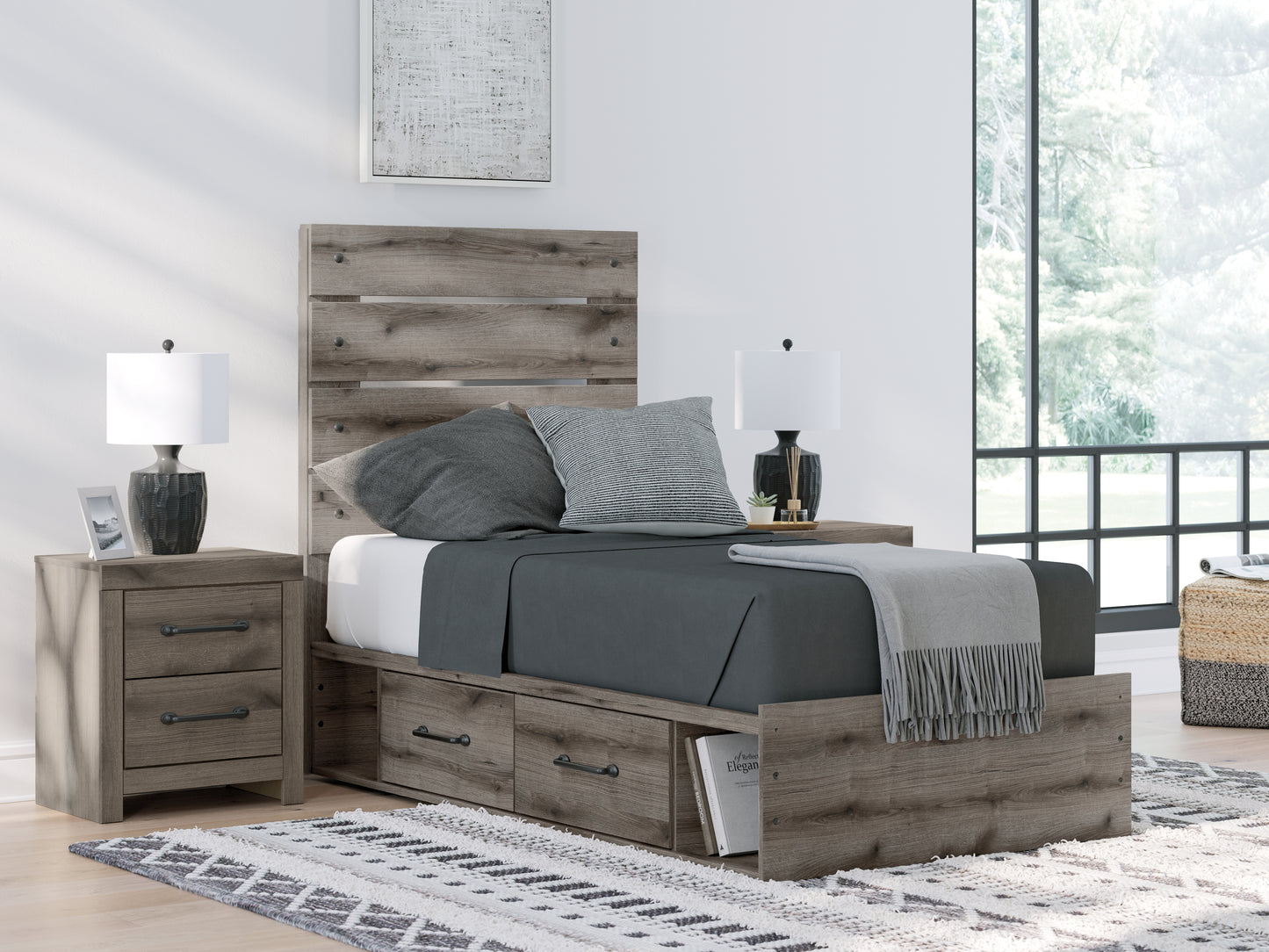 The Furniture Outlets - Ashley Furniture - Graystorm Bedroom - Twin Panel Bed with Storage / Brown Gray - PCB2405B19
