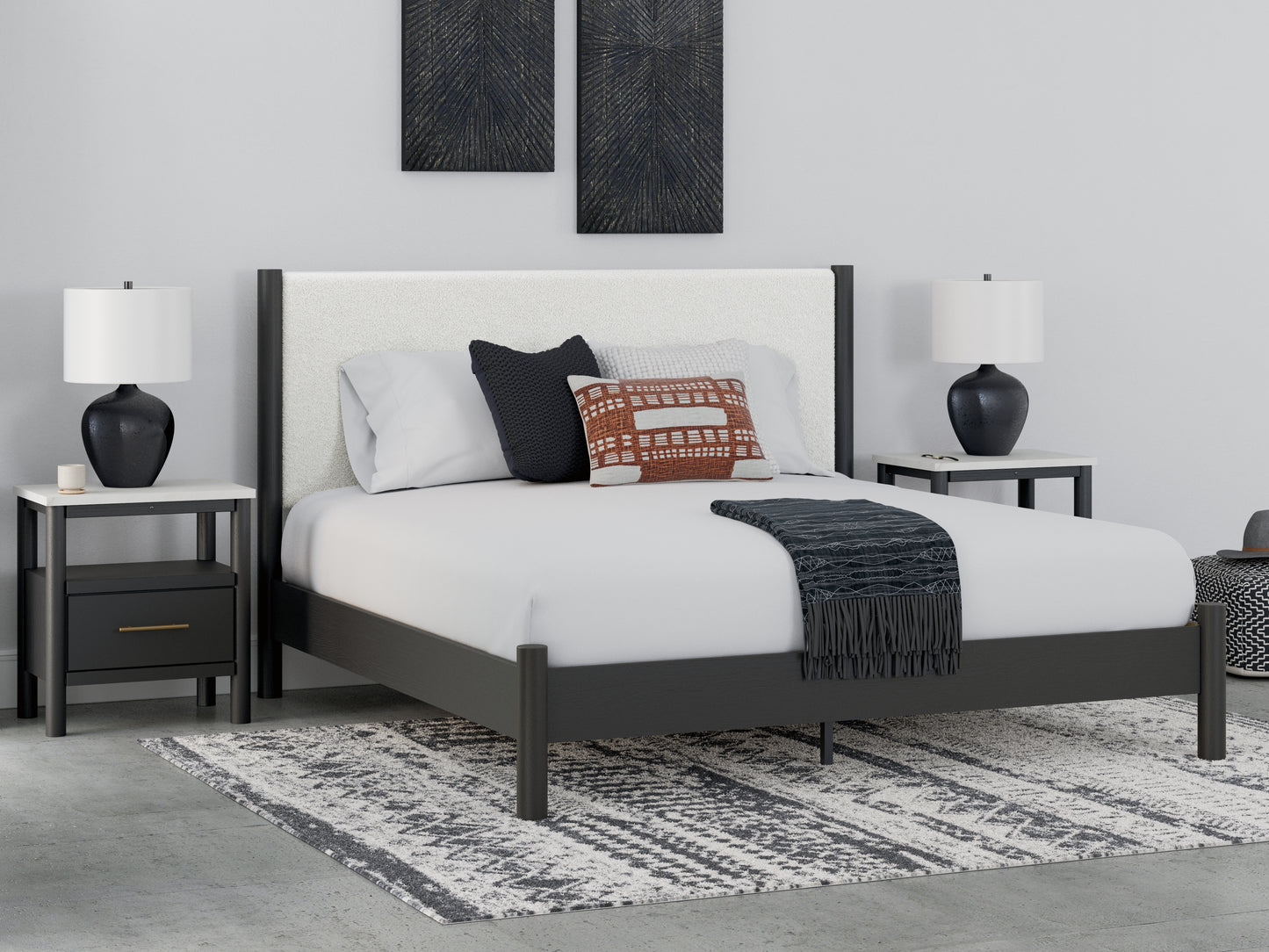 The Furniture Outlets - Ashley Furniture - Cadmori Bedroom - King Upholstered Panel Bed / Black/White - B2616B8