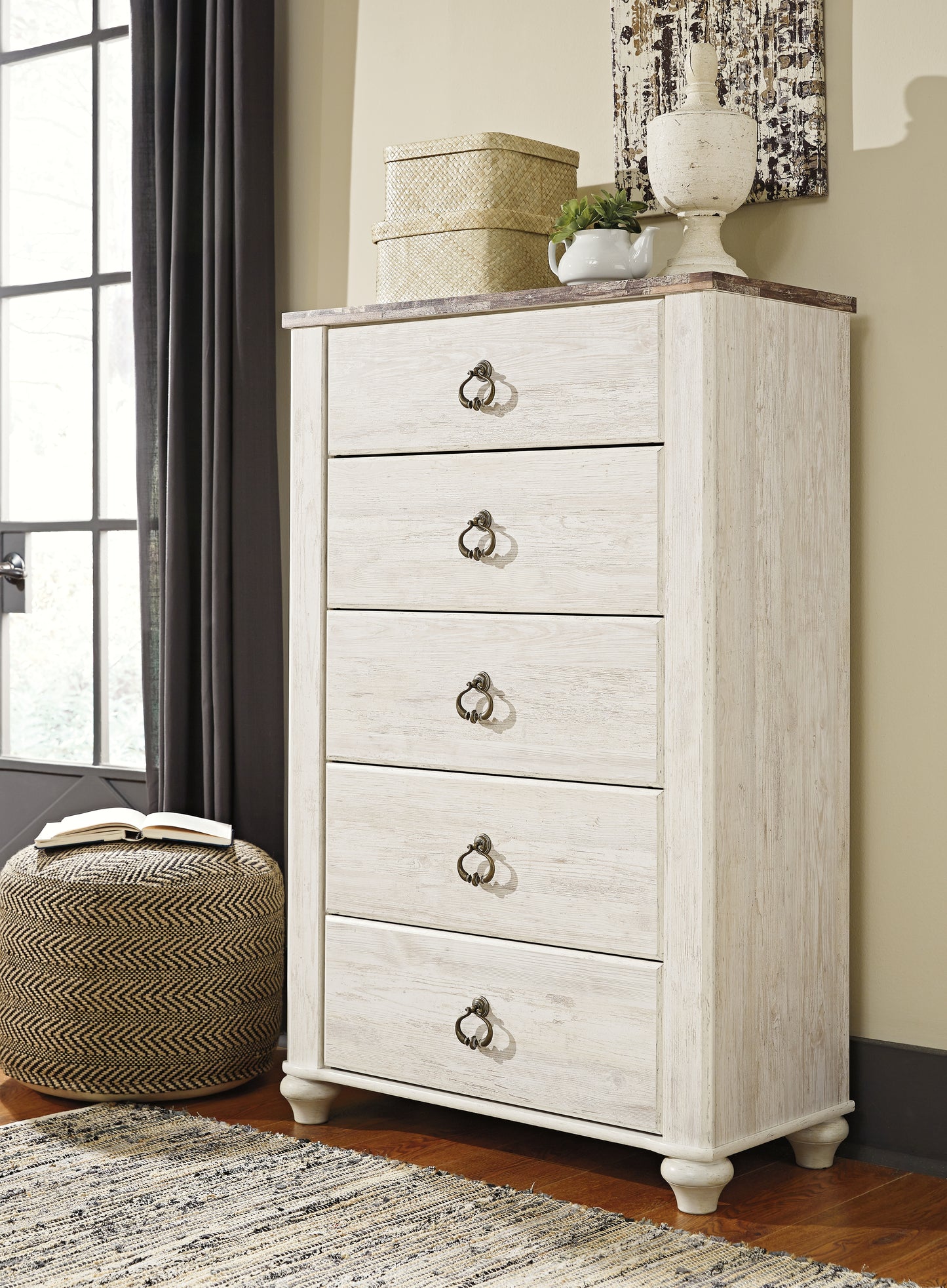 The Furniture Outlets - Ashley Furniture - Willowton Bedroom - Five Drawer Chest / Whitewash - B267-46