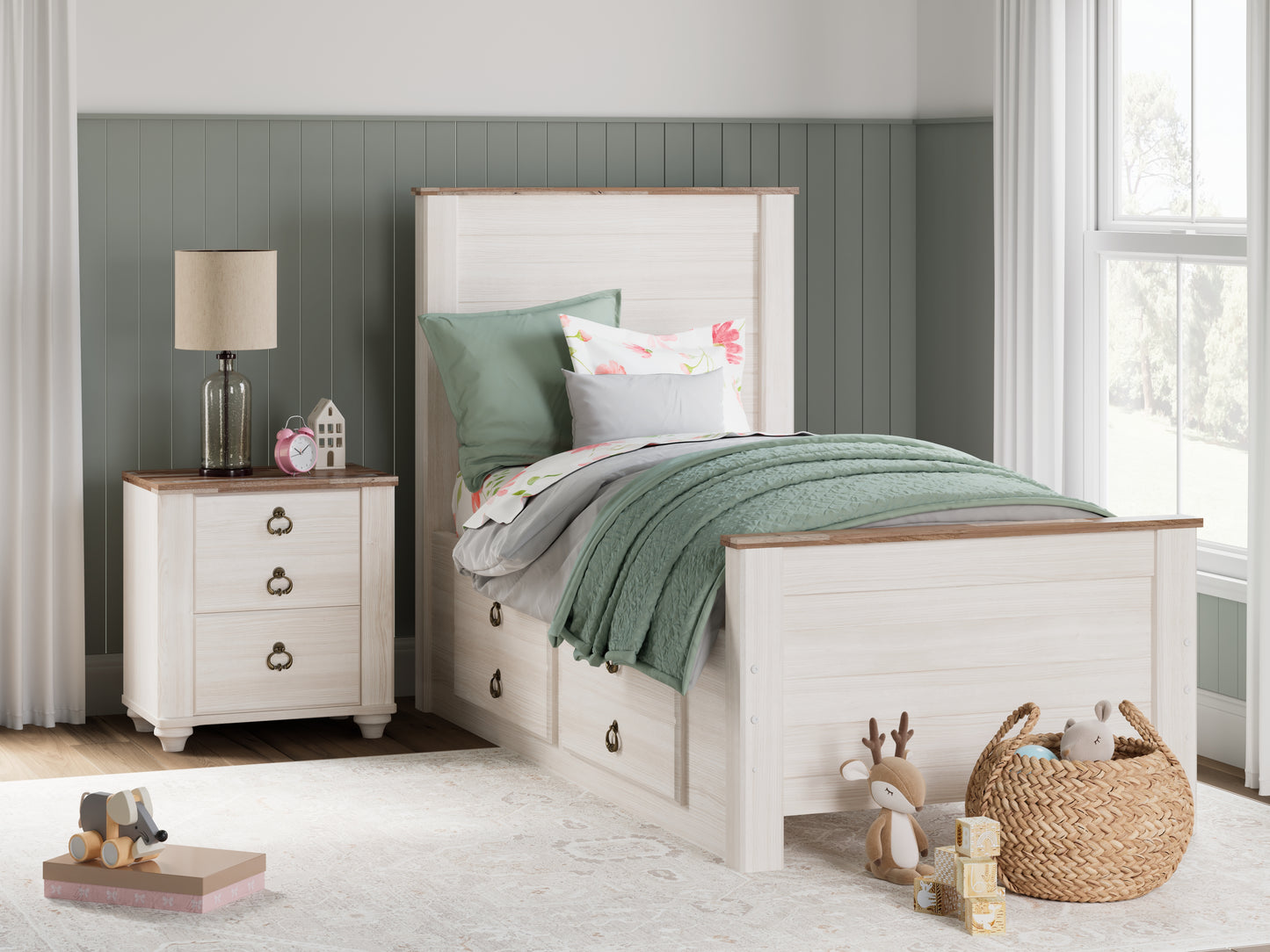 The Furniture Outlets - Ashley Furniture - Willowton Bedroom - Twin Panel Bed with 2 Storage Drawers / Whitewash - B267B21