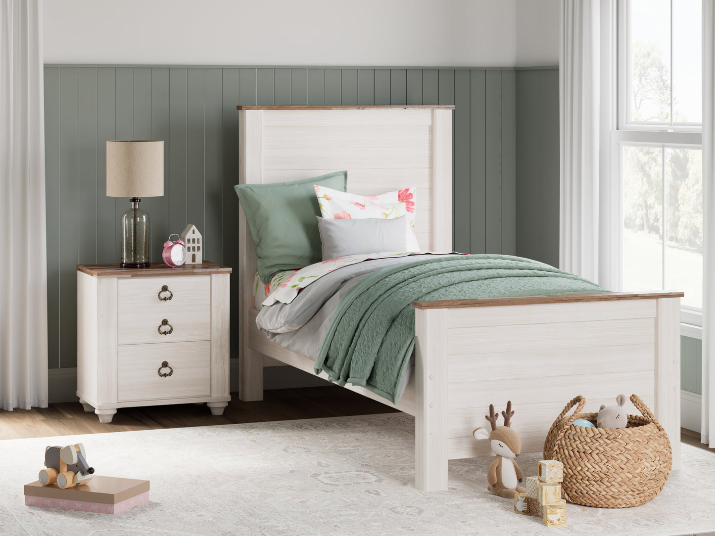 The Furniture Outlets - Ashley Furniture - Willowton Bedroom - Twin Panel Bed / Whitewash - B267B15