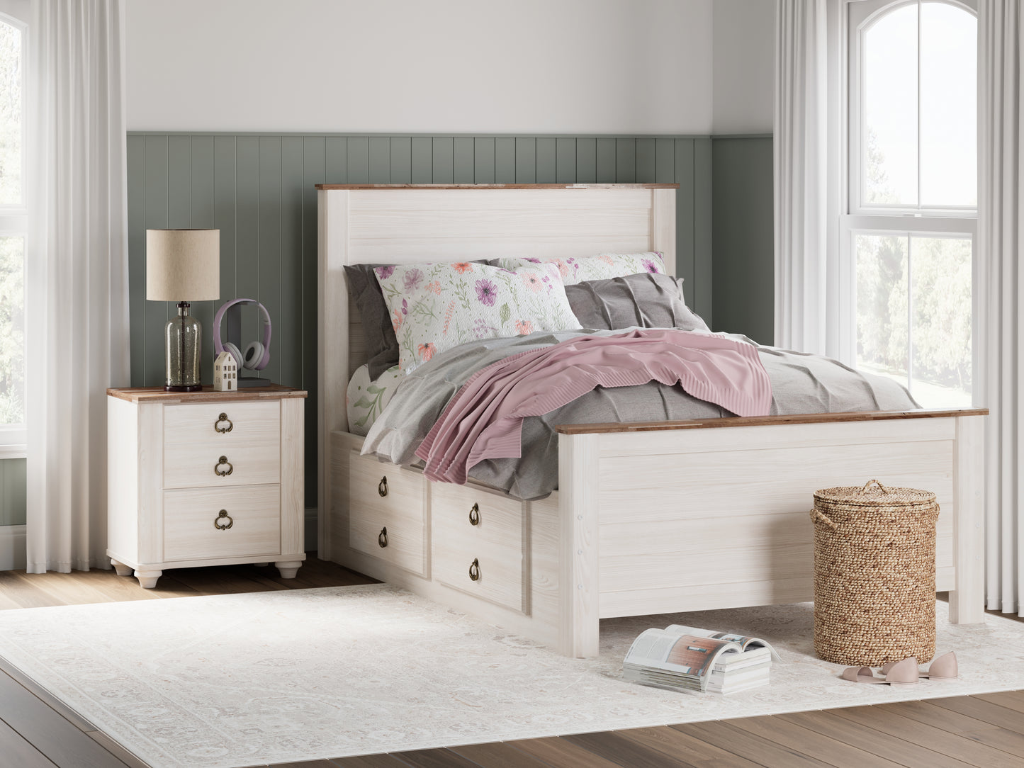 The Furniture Outlets - Ashley Furniture - Willowton Bedroom - Full Panel Bed with 2 Storage Drawers / Whitewash - B267B22