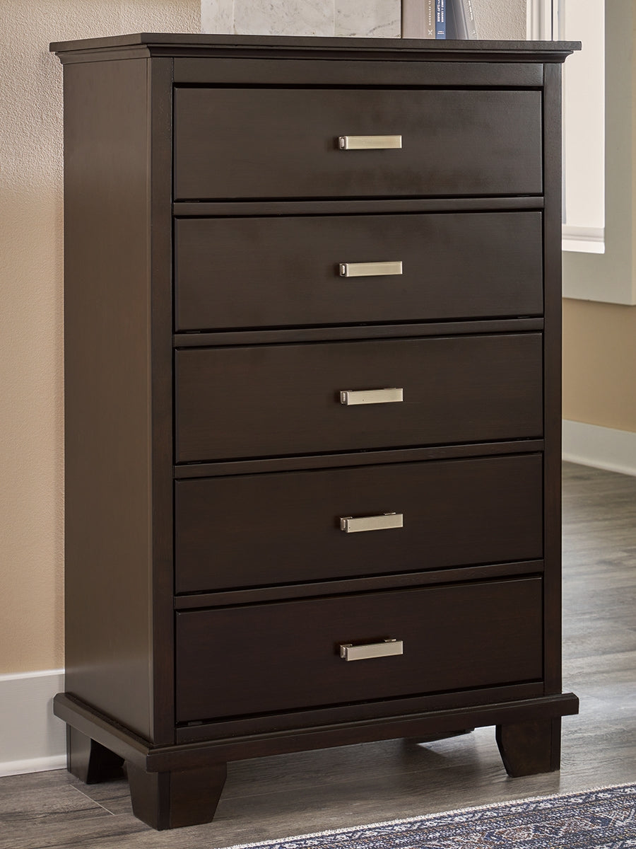 The Furniture Outlets - Ashley Furniture - Covetown Bedroom - Five Drawer Chest / Dark Brown - B441-46