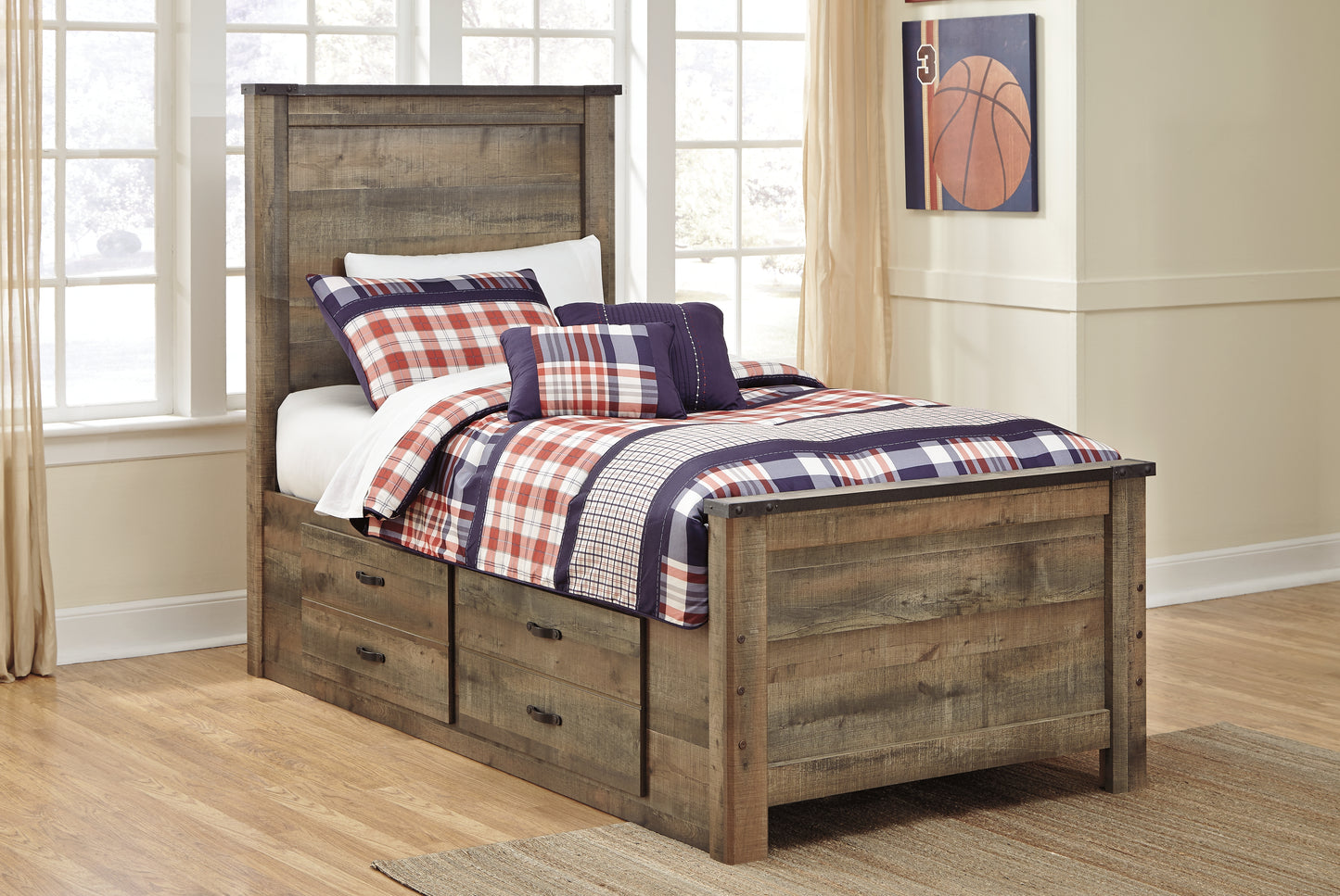The Furniture Outlets - Ashley Furniture - Trinell Bedroom - Twin Panel Bed with 2 Storage Drawers / Brown - B446B15