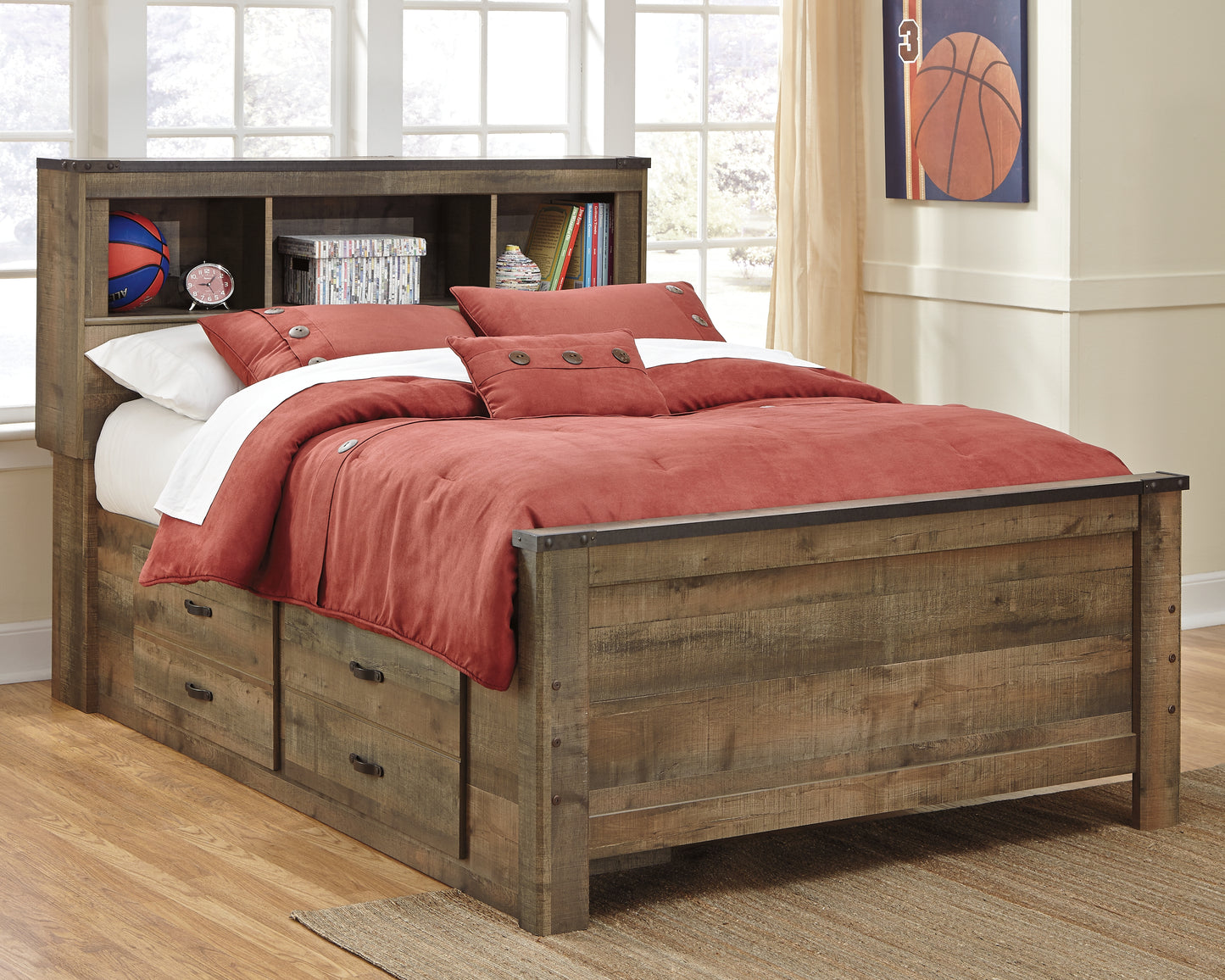 The Furniture Outlets - Ashley Furniture - Trinell Bedroom - Full Bookcase Bed with 2 Sided Storage / Brown - B446B79