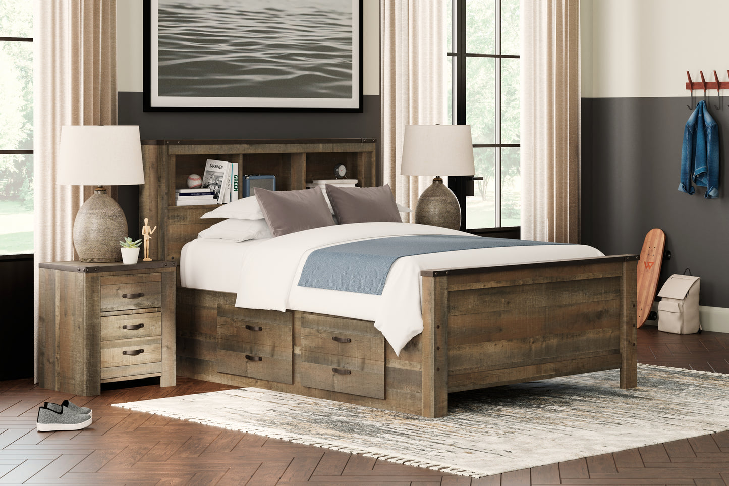 The Furniture Outlets - Ashley Furniture - Trinell Bedroom - Full Bookcase Bed with 2 Storage Drawers / Brown - B446B16