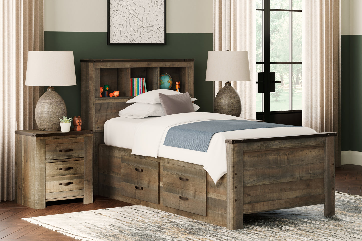 The Furniture Outlets - Ashley Furniture - Trinell Bedroom - Twin Bookcase Bed with 2 Storage Drawers / Brown - B446B17