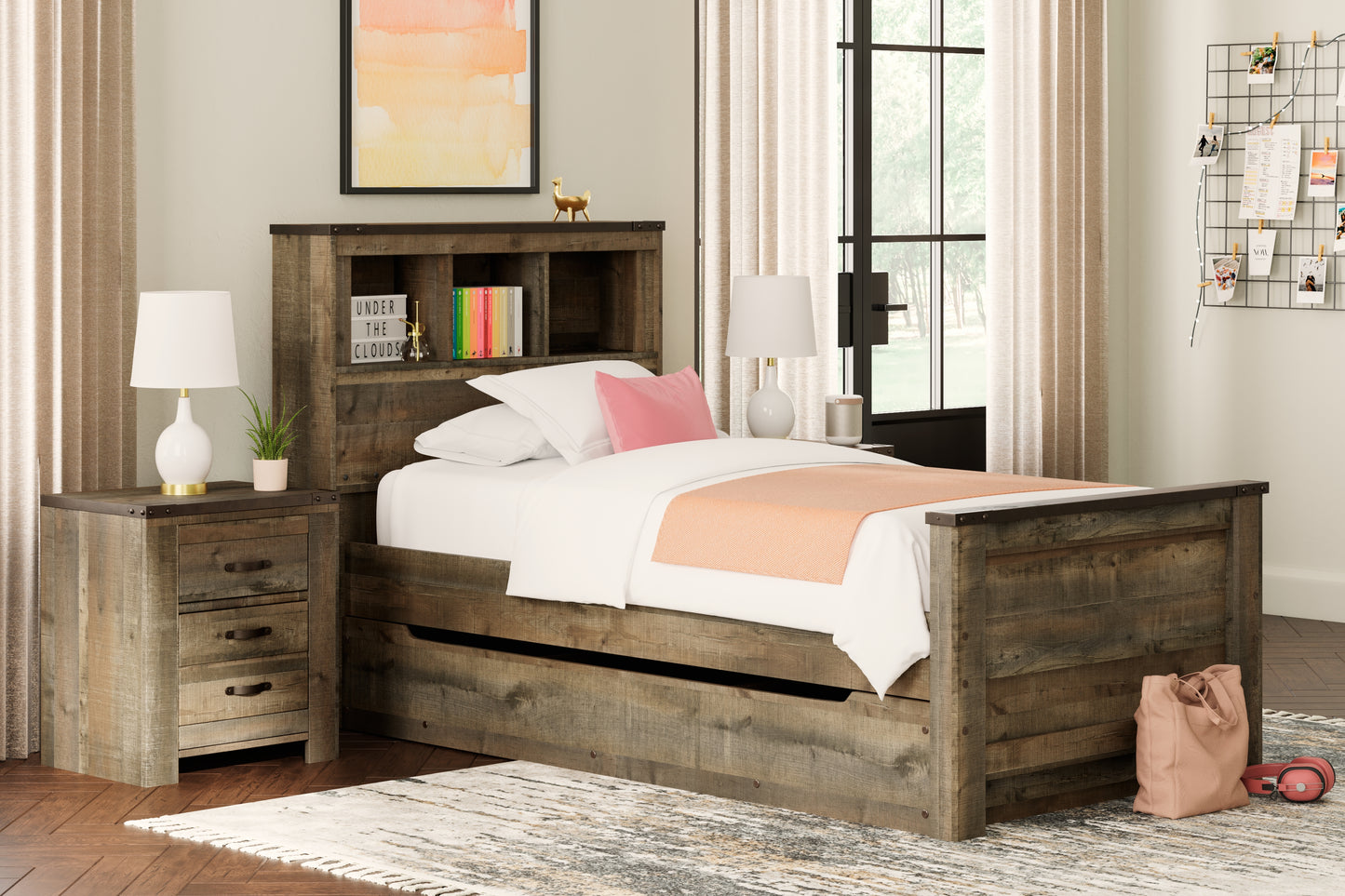 The Furniture Outlets - Ashley Furniture - Trinell Bedroom - Twin Bookcase Bed with 1 Large Storage Drawer / Brown - B446B22