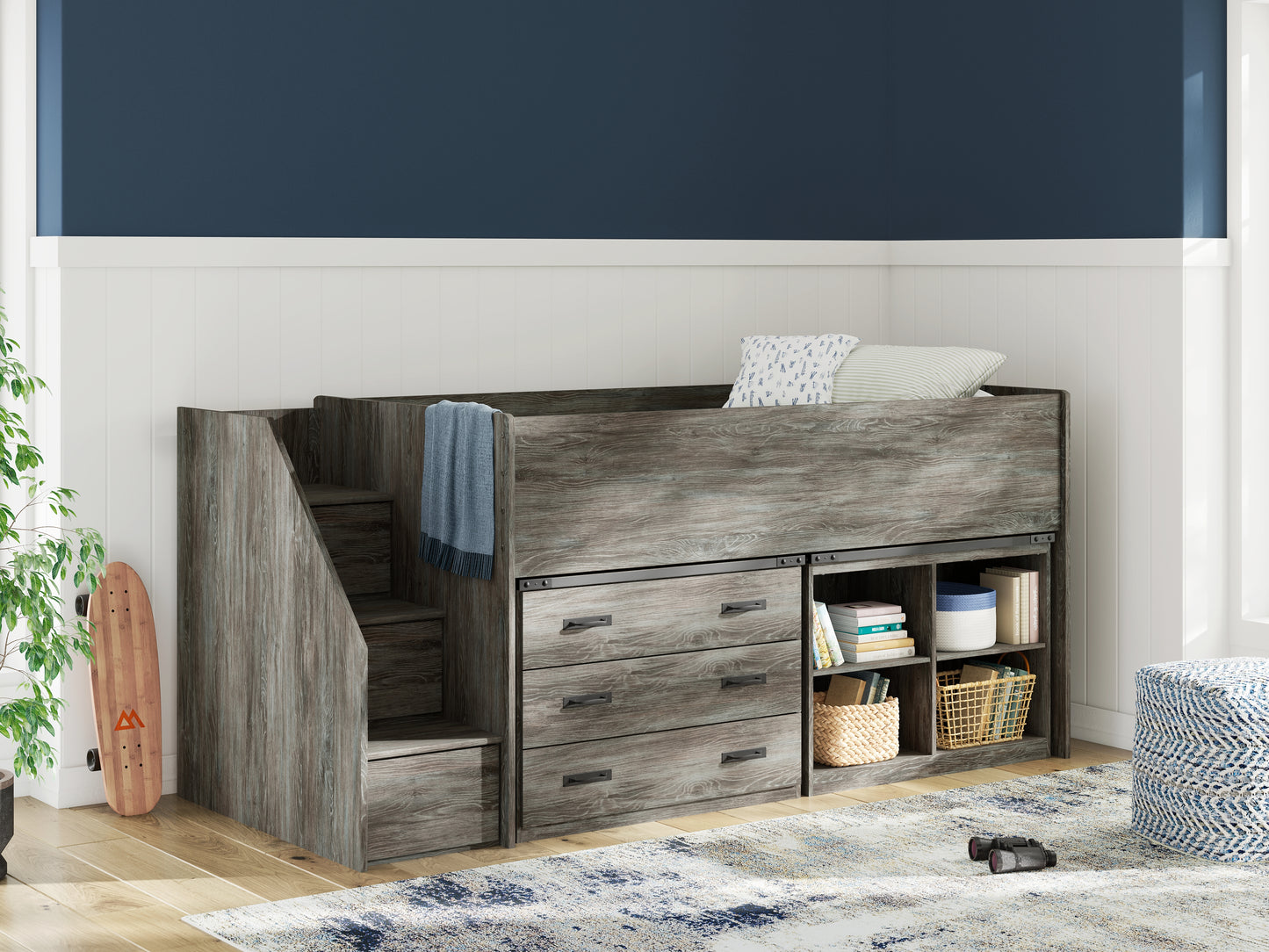 The Furniture Outlets - Ashley Furniture - Frandern Bedroom - Twin Loft  Bed with Bookcase and Drawer Storage / Gray - B4480B16