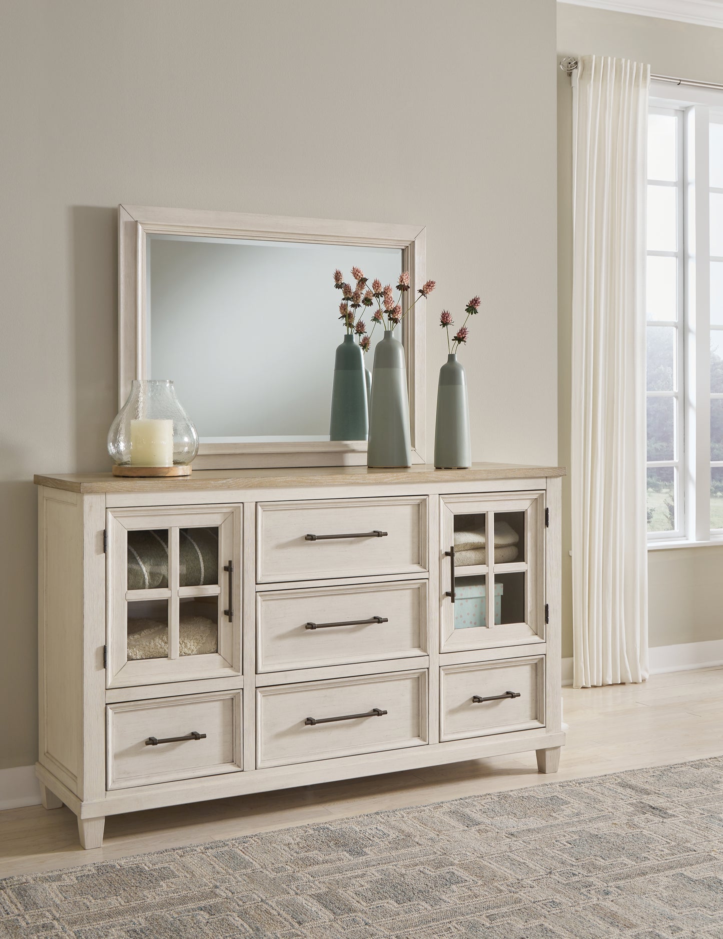 The Furniture Outlets - Ashley Furniture - Shaybrock Bedroom - Dresser and Mirror / Antique White/Brown - B683B1