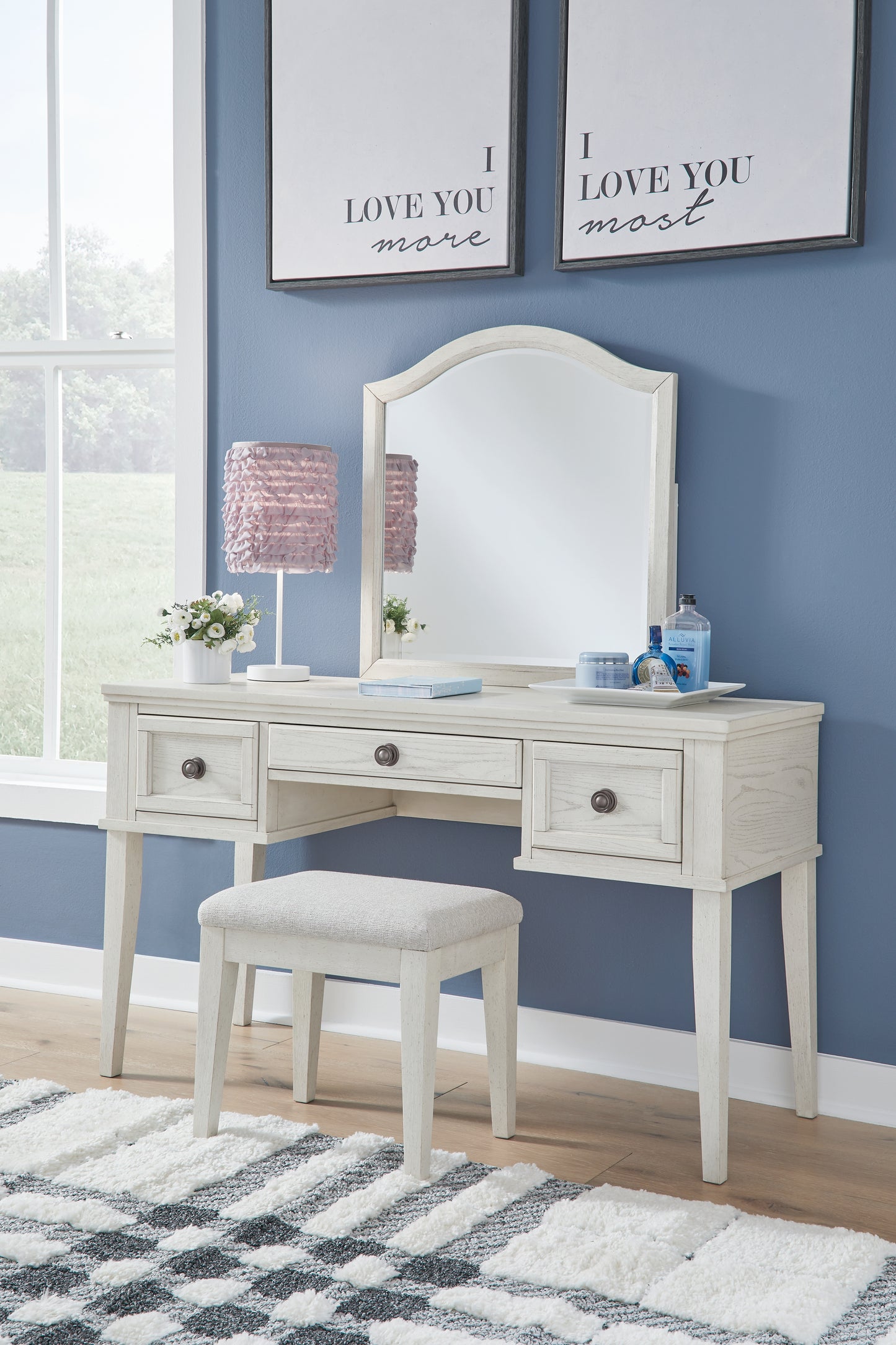 The Furniture Outlets - Ashley Furniture - Robbinsdale Mirrored Vanity with Bench - Mirrored Vanity with Bench / Antique White - B742B11