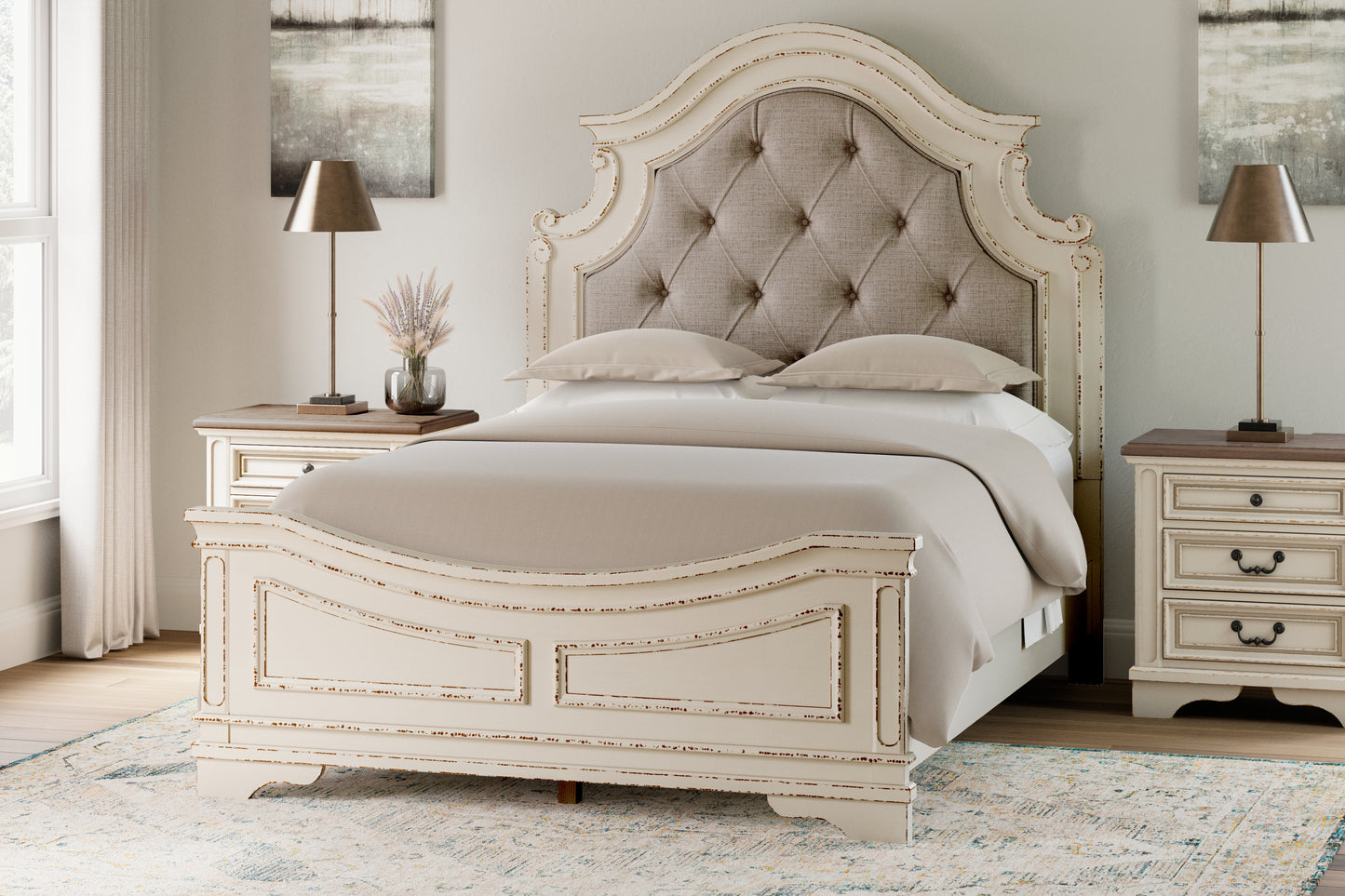 The Furniture Outlets - Ashley Furniture - Realyn Bedroom - Queen Upholstered Panel Bed / Chipped White - B743B2