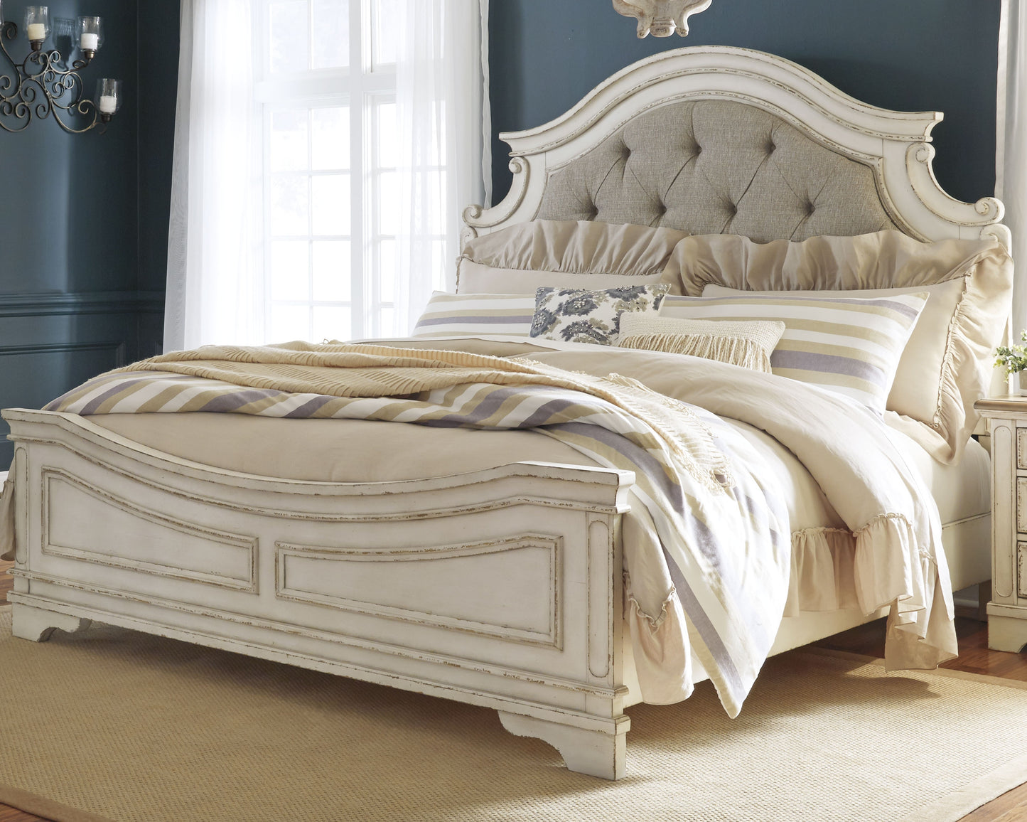 The Furniture Outlets - Ashley Furniture - Realyn Bedroom - California King Upholstered Panel Bed / Chipped White - B743B7
