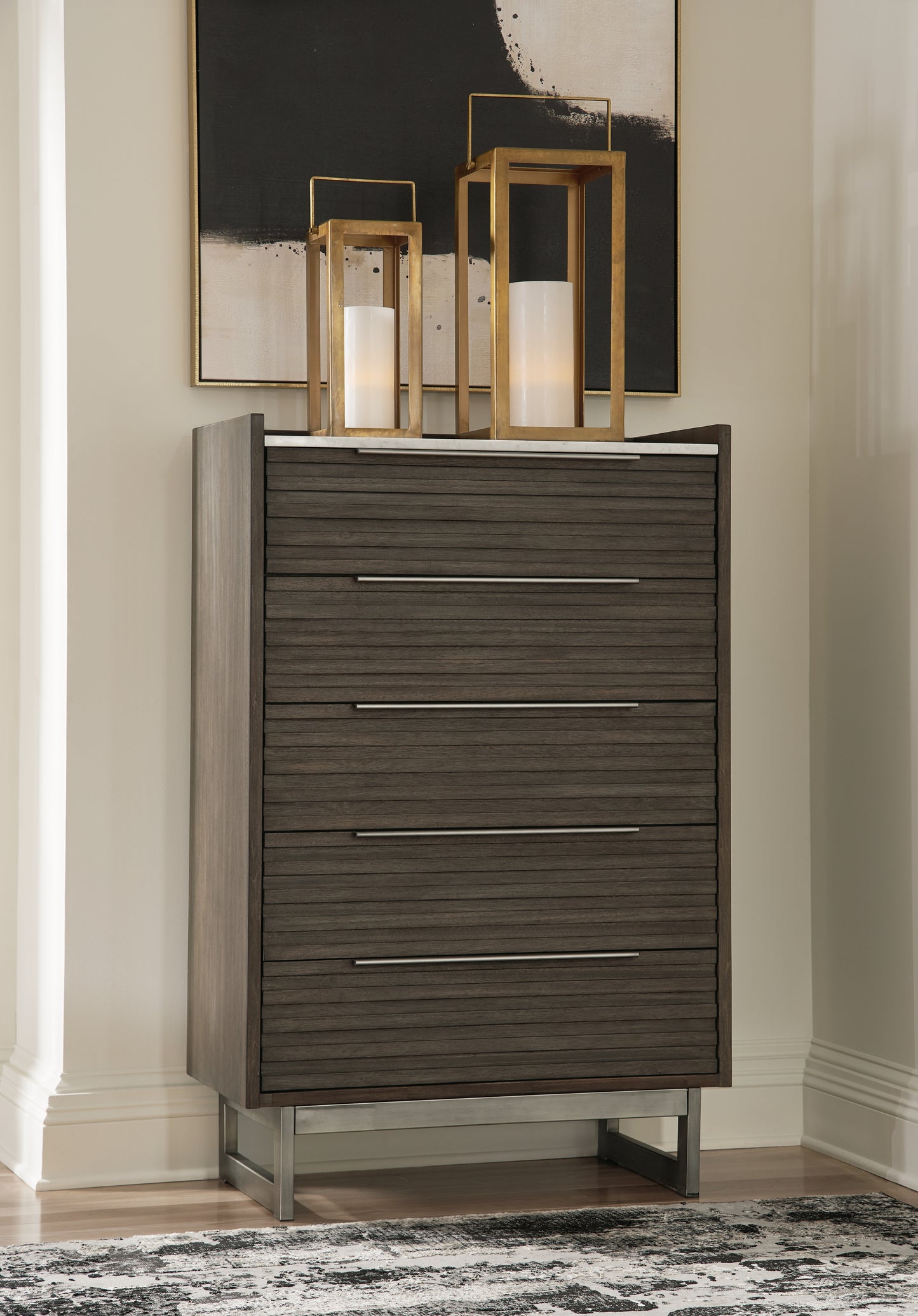 The Furniture Outlets - Ashley Furniture - Arkenton Bedroom - Five Drawer Chest / Grayish Brown/White - B786-46
