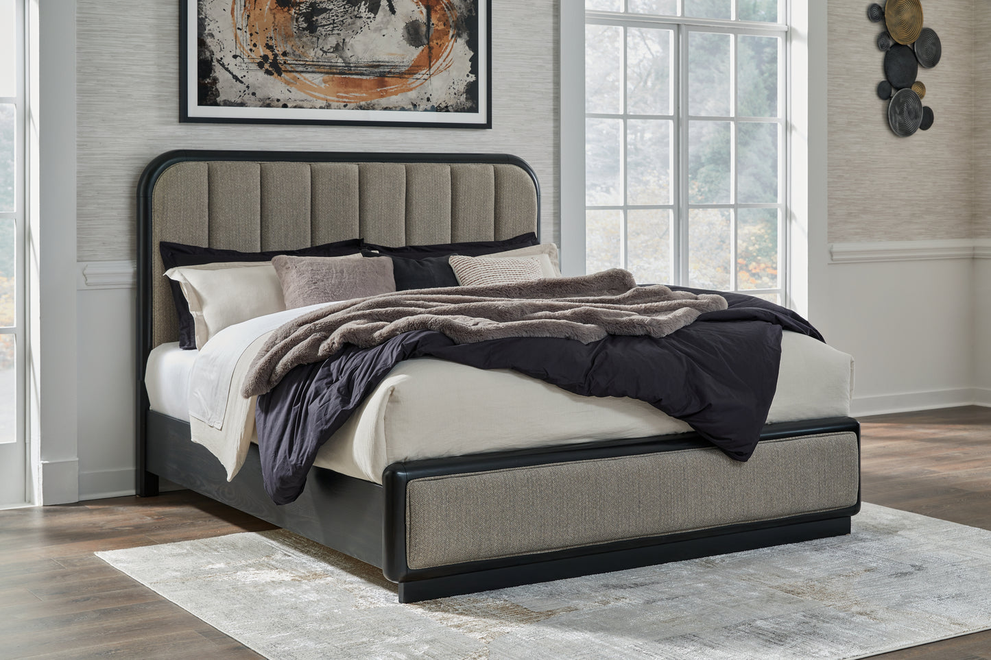 The Furniture Outlets - Ashley Furniture - Rowanbeck Bedroom - California King Upholstered Panel Bed / Gray/Black - B821B5