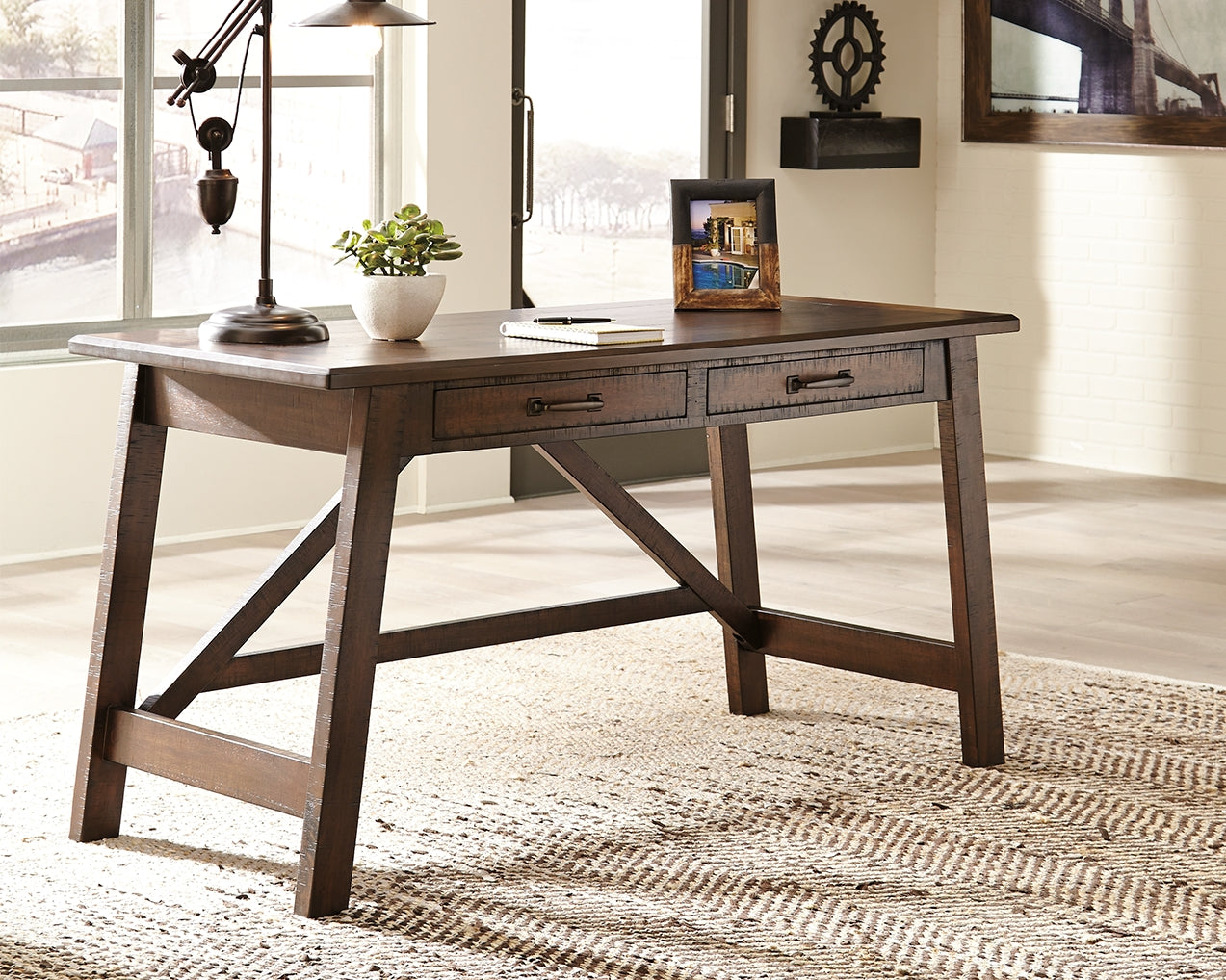 The Furniture Outlets - Ashley Furniture - Baldridge Office Desk - Home Office Large Leg Desk / Rustic Brown - H675-44