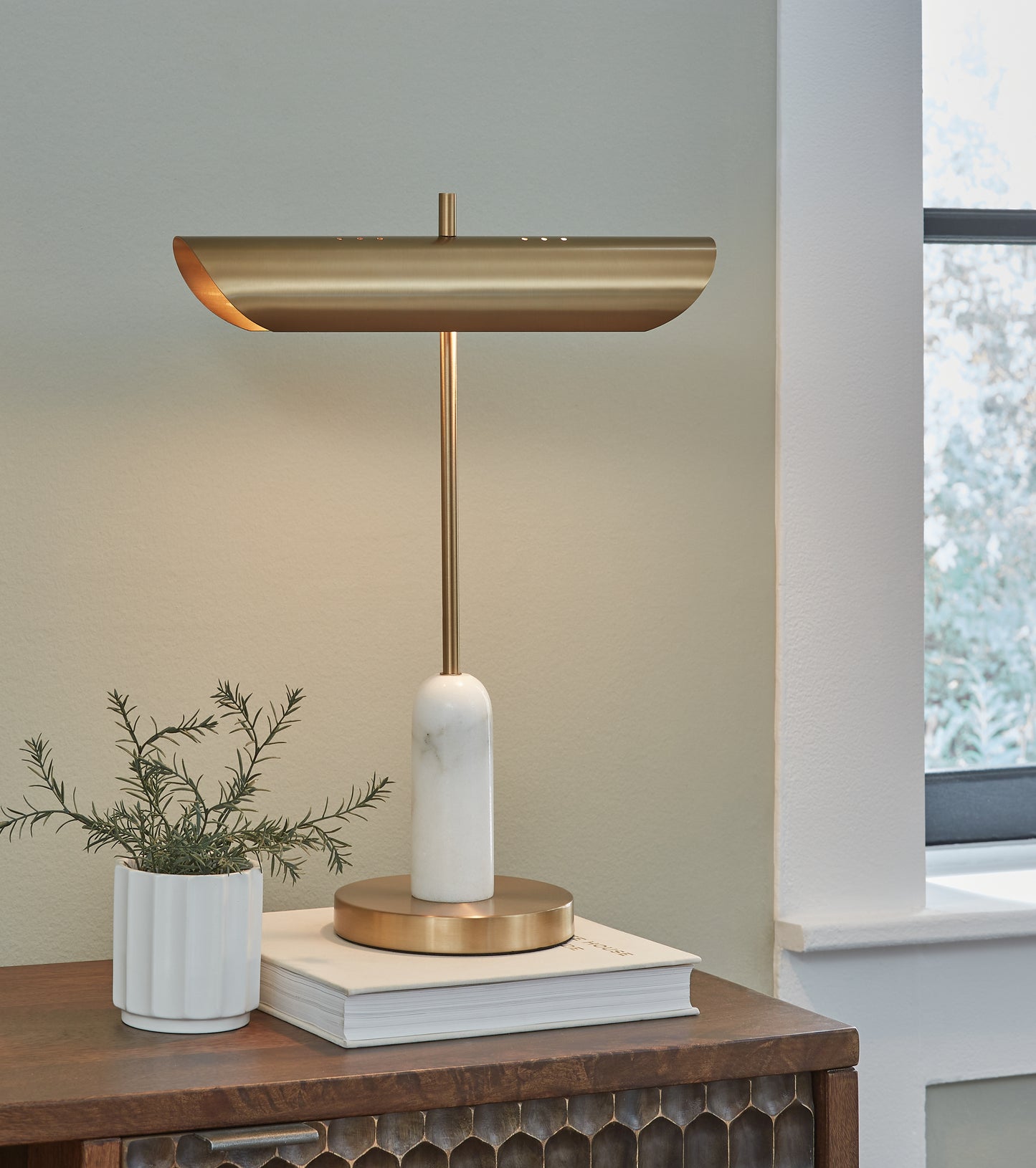 The Furniture Outlets - Ashley Furniture - Rowleigh Lighting - Marble Desk Lamp (1/CN) / Gold Finish/White - L734392