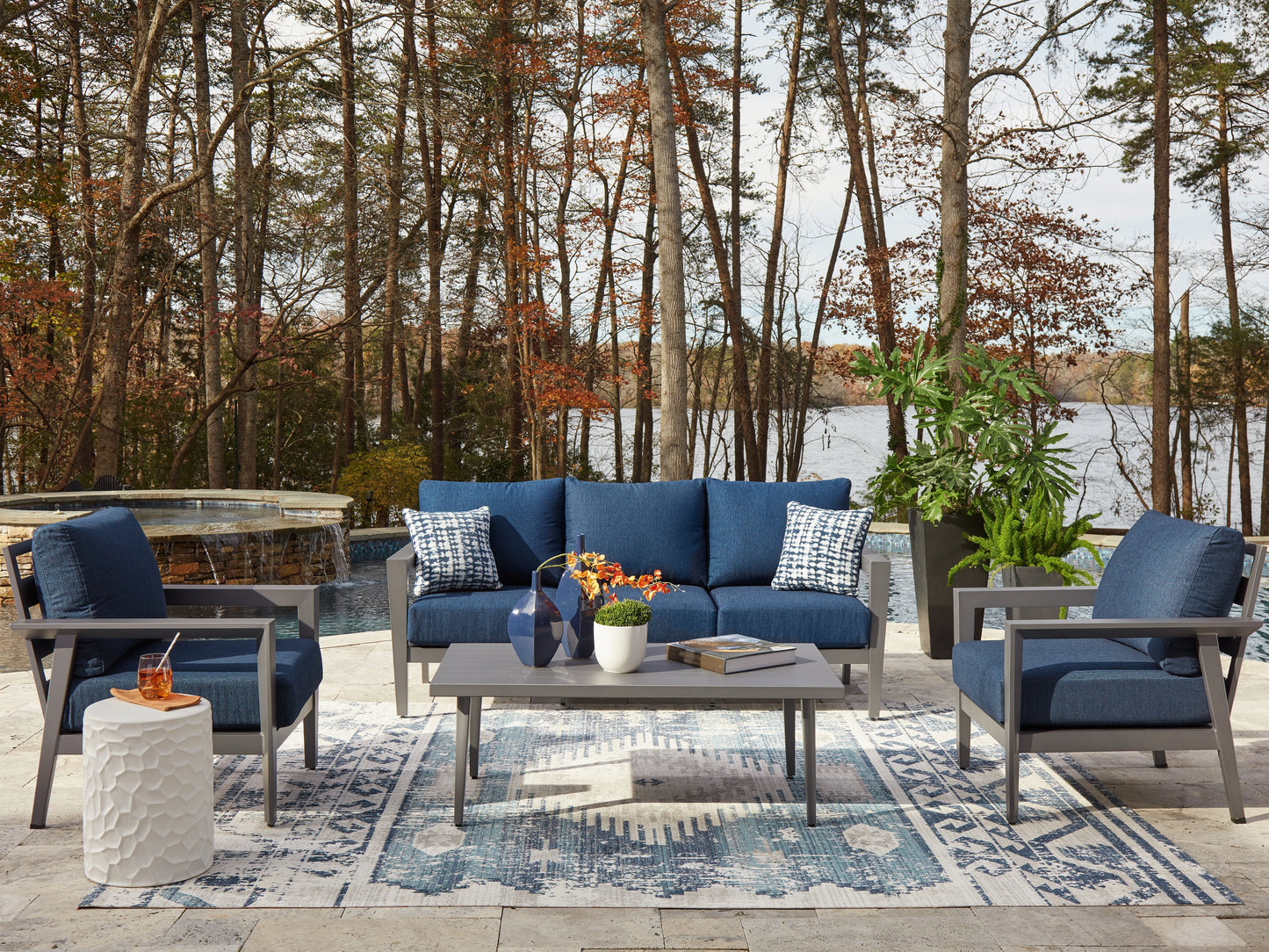 The Furniture Outlets - Ashley Furniture - Gali Outdoor - Sofa/Chairs/Table Set (4/CN) / Gray/Blue - P275-081