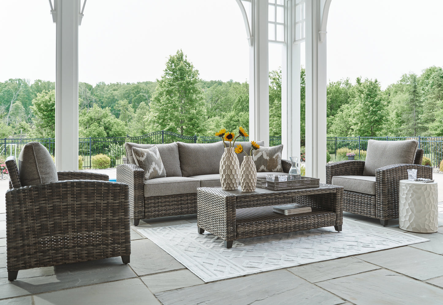The Furniture Outlets - Ashley Furniture - Oasis Court Outdoor - Sofa/Chairs/Table Set (4/CN) / Gray - P335-081