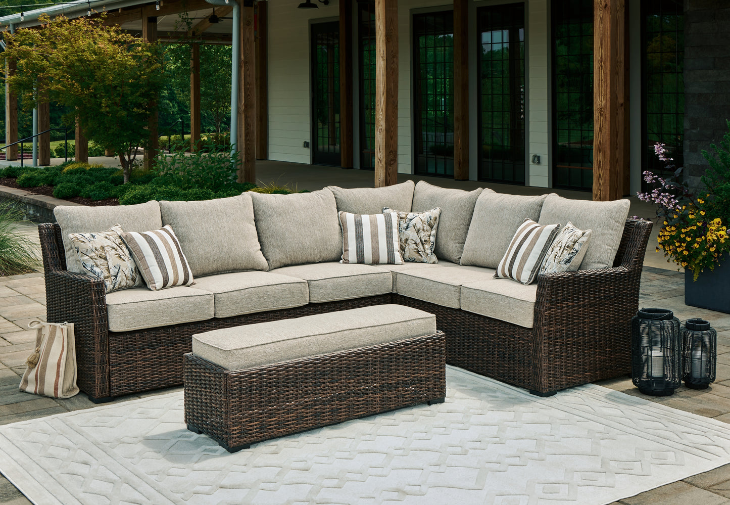 The Furniture Outlets - Ashley Furniture - Brook Ranch Outdoor - Sofa SEC/Bench w/CUSH (3/CN) / Brown - P465-822